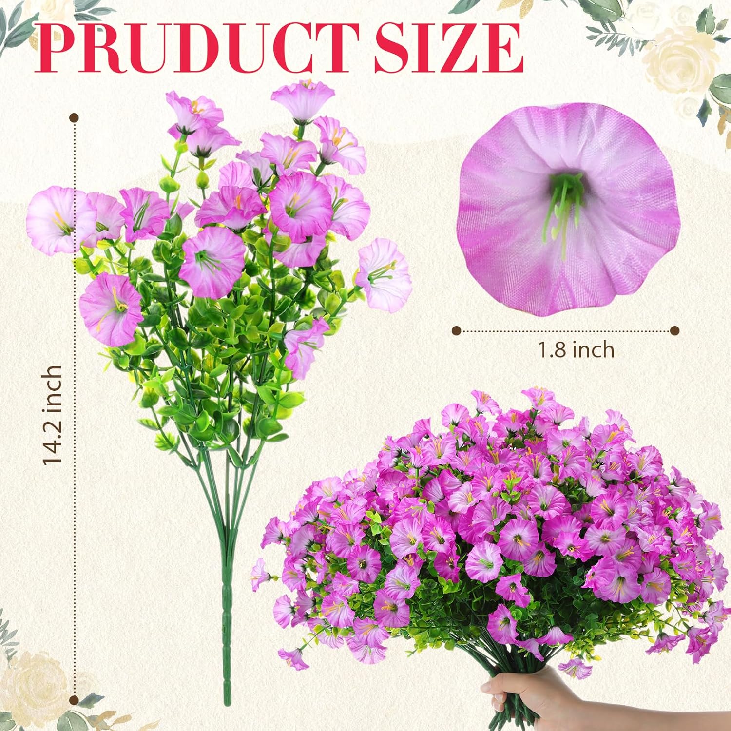 Hotop 20 Bundles Artificial Morning Glory Flowers for Outdoor Spring Summer UV Resistant Artificial Flowers Faux Silk Petunia Eucalyptu Realistic Plant for Outside Home Yard Porch Decor(Light Purple)