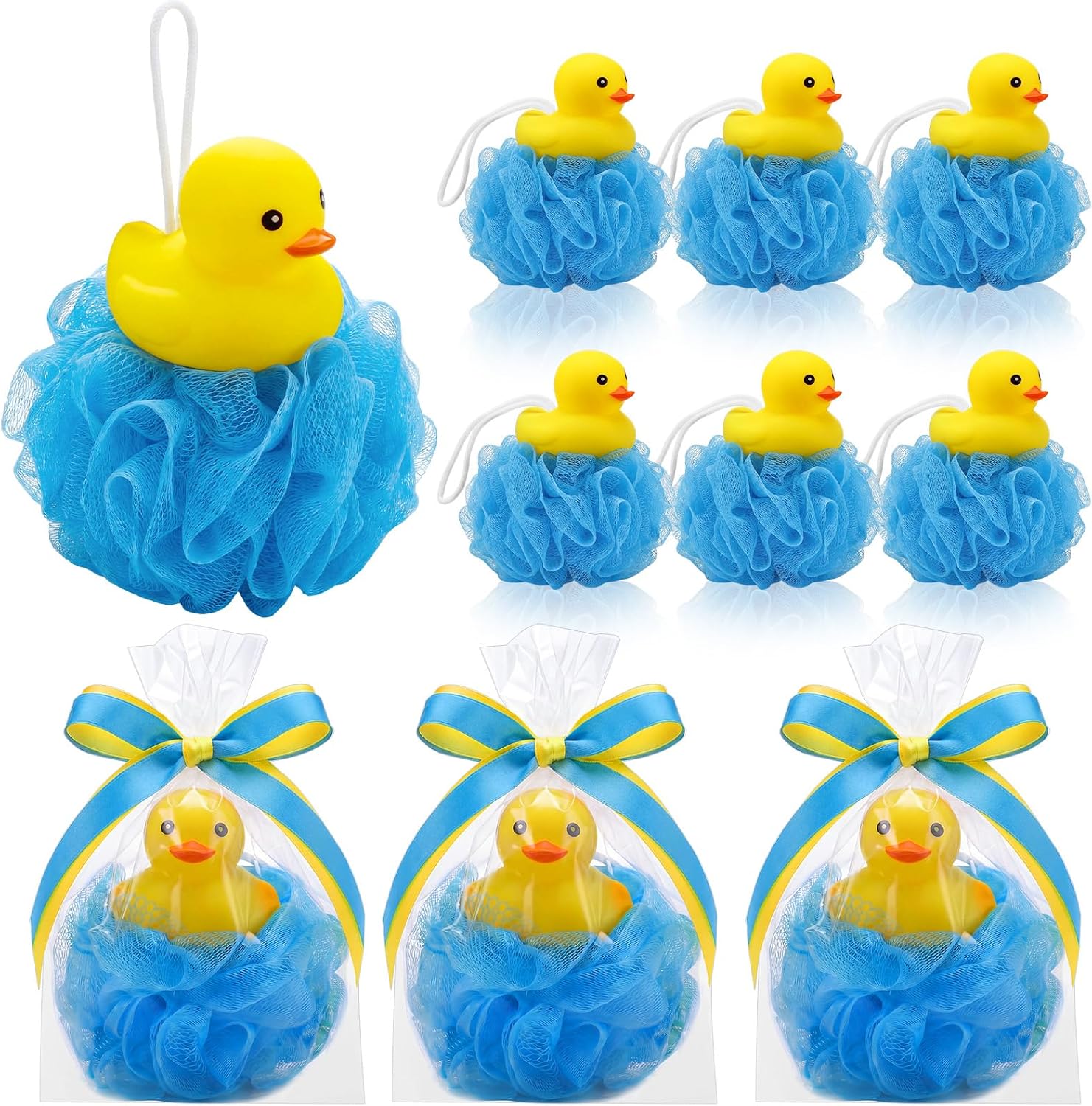 9 Sets Rubber Duck Party Favors Rubber Duck Shower Gifts for Guests Blue Bath Sponge Sets with Ribbon Gift Bags for Birthday Party Gender Reveal Supplies