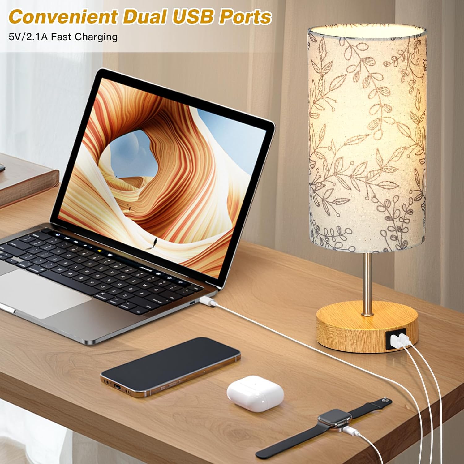 Bedside Touch Lamps for Nightstand with 2 USB Charging Ports, 3 Way Dimmable Wood Bedroom Lamp with Flower Fabric Shade, Small Table Lamp for Living Room Reading Desk (LED Bulb Included)