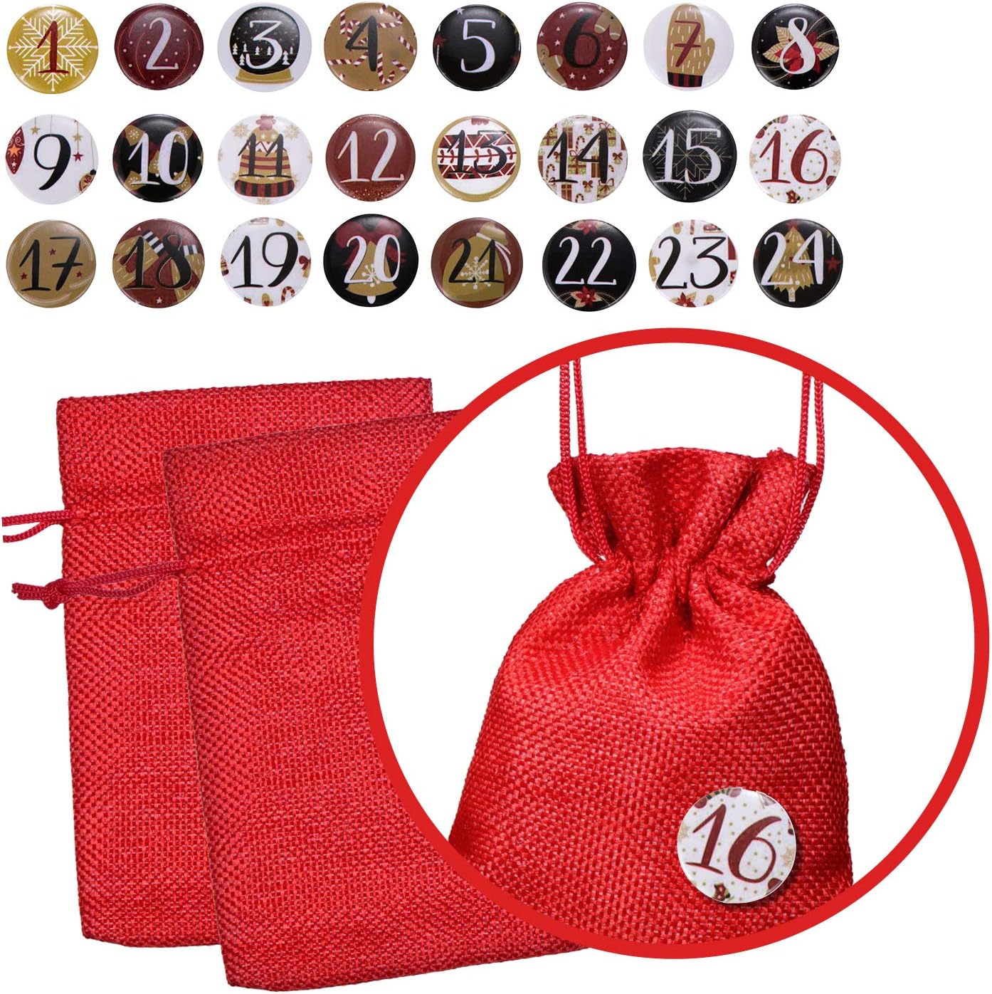 Christmas Advent Calendar Set of 24 Fabric Jute Bags with 24 Numbers Badges for Yourself to Fill for The Festive Season - red