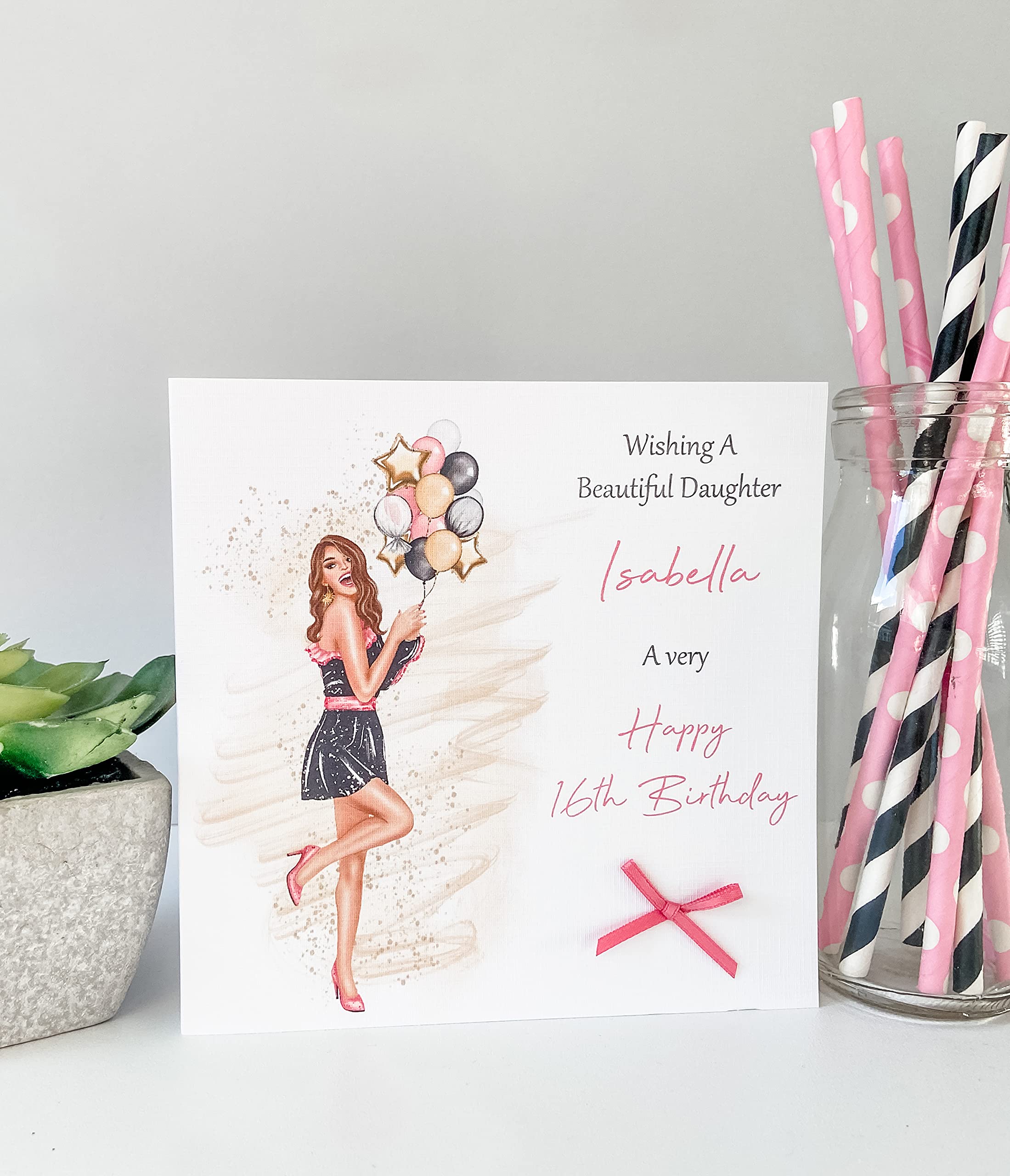 Personalised Female Birthday Card Party Girl Daughter Granddaughter 16th 18th 21st 30th 40th (Small 148mm x 148mm, Brown Hair)