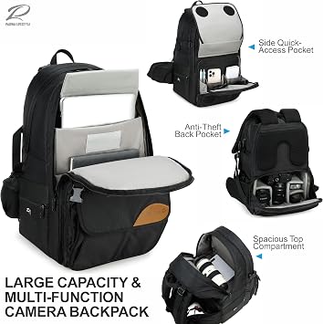 Padwa Lifestyle Black Professional Camera Backpack - Large Capacity Nylon Photography Camera Bag with Thick Padded Comfort Strap and Wide Waist, Versatile Photographer,Multi Cameras,Lensas,a Laptop