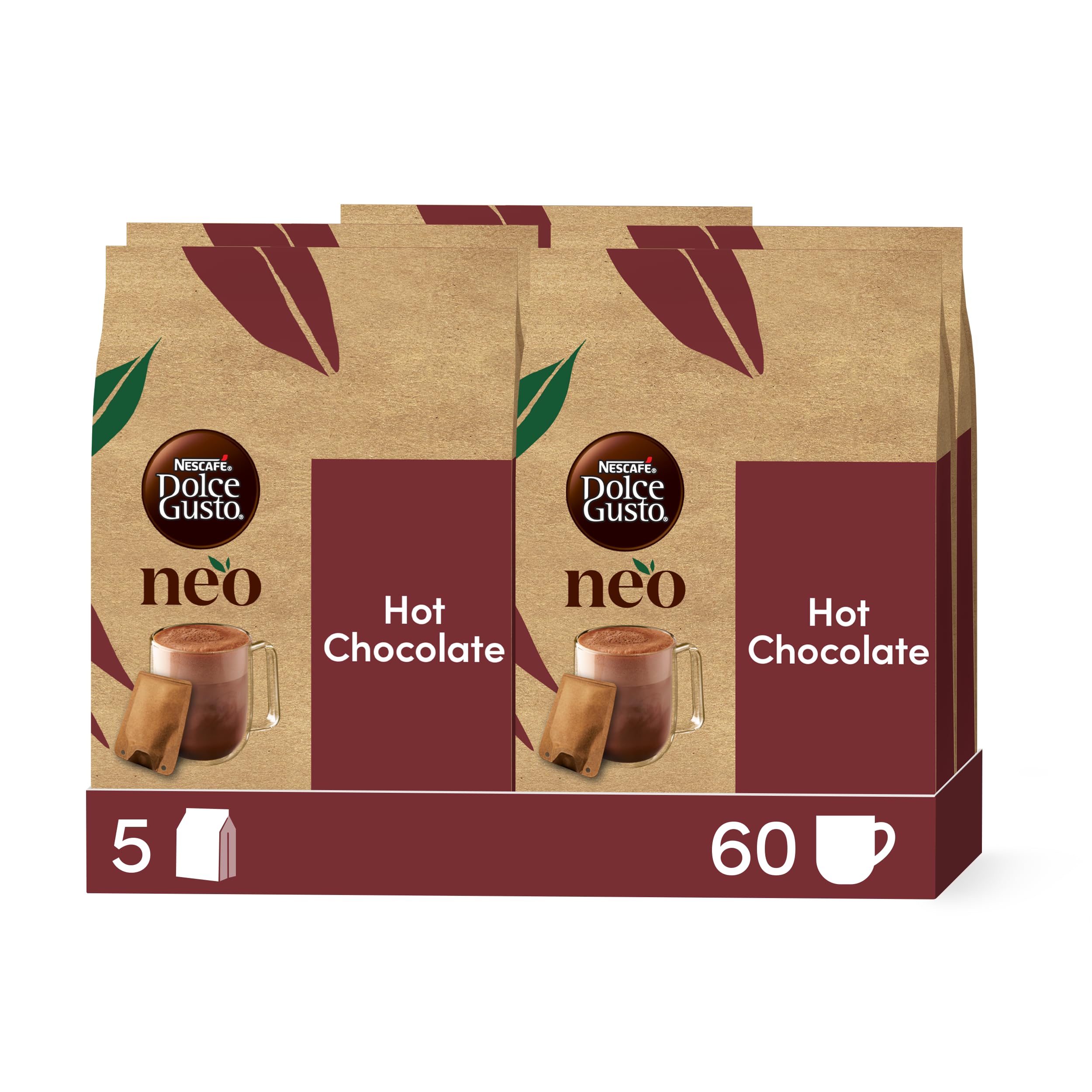 NEO Hot Chocolate de NESCAFÉ® Dolce Gusto®, 60 bolsas de chocolate (5 cajas de 12 bolsas), solo apto para cafeteras NESCAFÉ Dolce Gusto NEO
