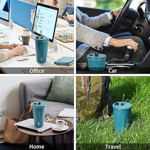 Miniatura 8 de MUCR Vaso de café helado con tapa y pajilla, vaso de metal de acero inoxidable de 20 onzas, reutilizable y aislado al vacío, taza de viaje, a prueba