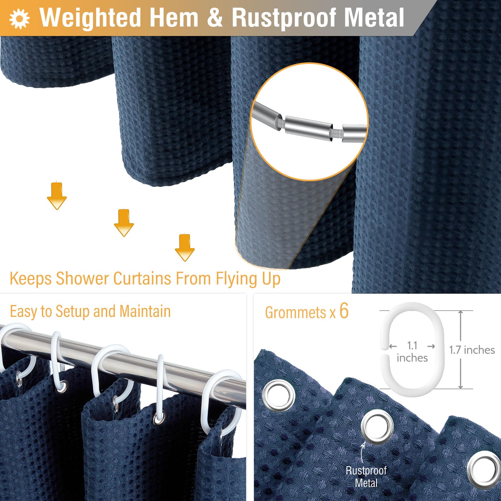 BTTN Narrow Waffle Shower Curtain, Heavy Duty Mould Proof Resistant Wet Room Shower Curtains - Image 3