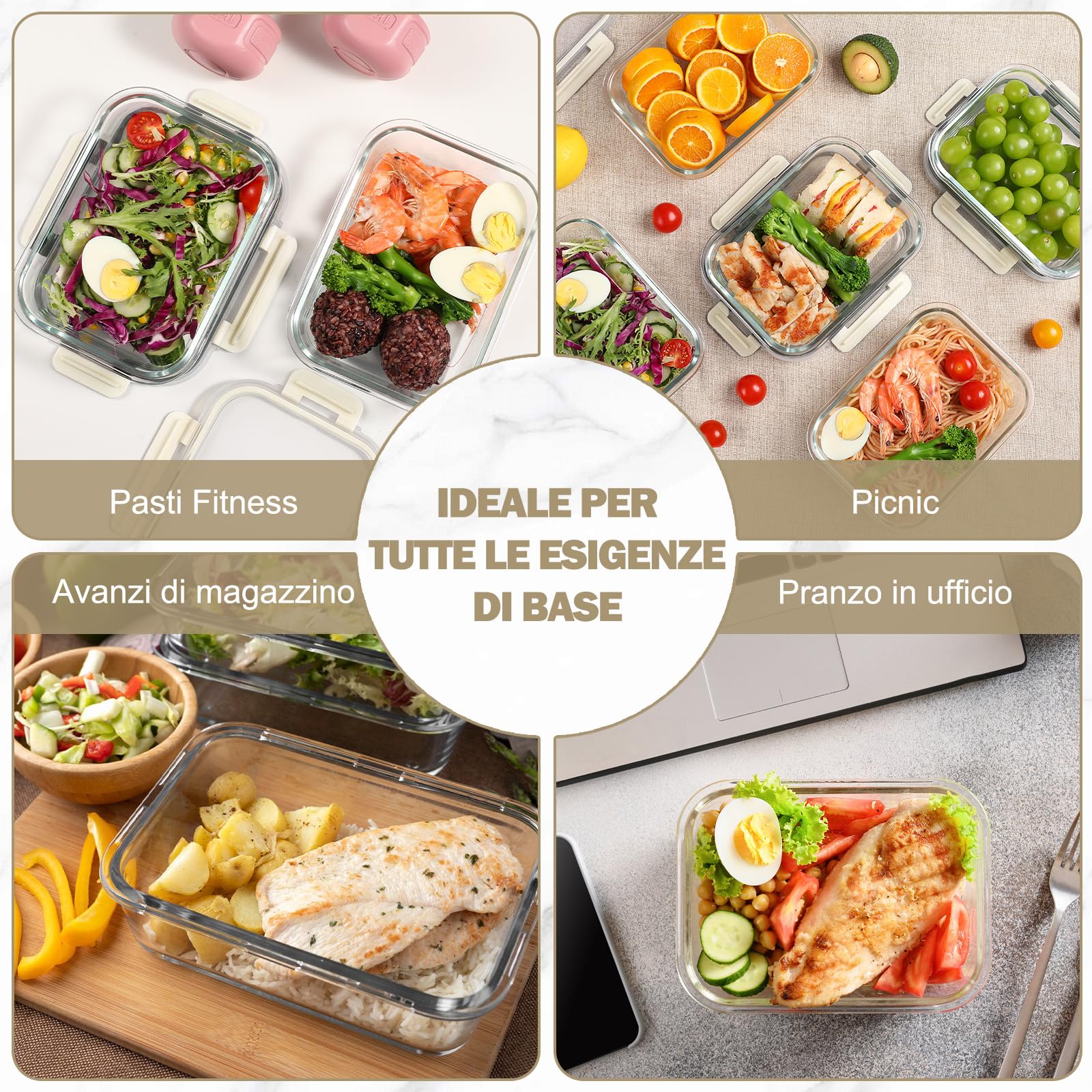 YASHE Set 10 Contenitori Vetro per Alimenti con Coperchi Ermetici, Senza BPA, Adatti a Microonde, Forno, Frigo e Congelatore, per Meal Prep, Bianco