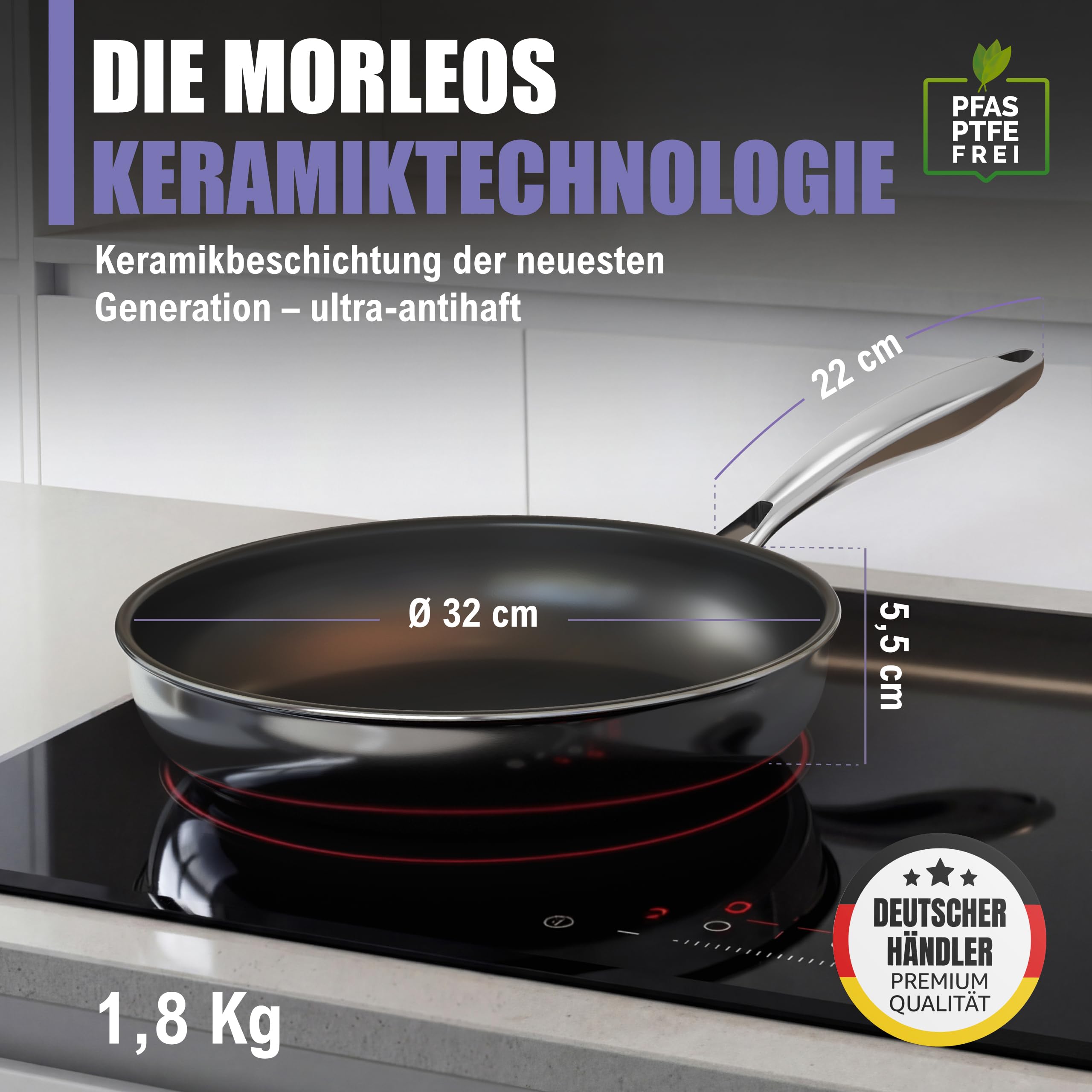 Keramikpfanne 32 cm Induktion Antihaft PFAS-frei Bratpfanne | Beschichtete Keramik Pfanne 32 cm, PTFE-frei, für Induktion & alle Herdarten, backofenfest bis 250 °C, spülmaschinenfest