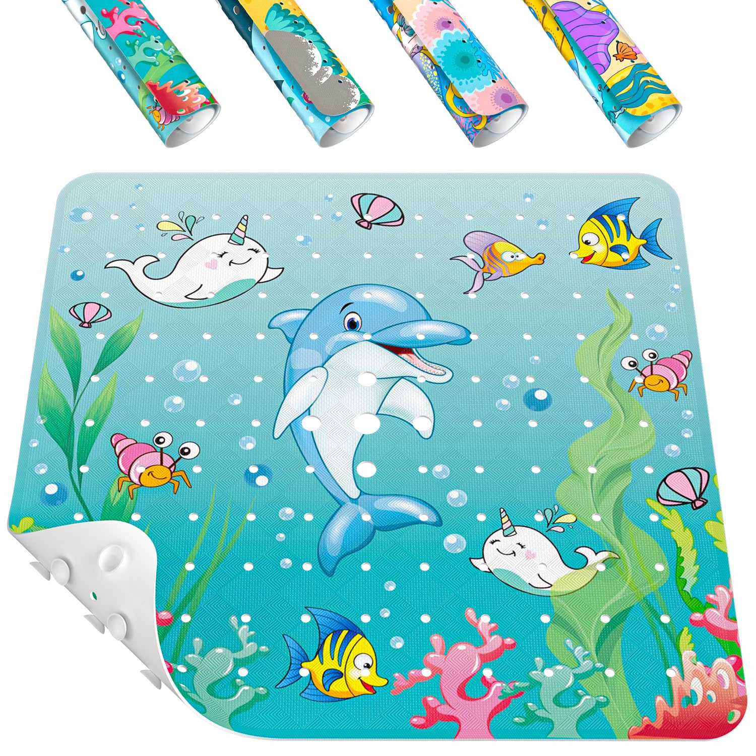 HITSLAM Quadratische Duschmatte rutschfest Kinder, 53 x 53 cm Baby antirutschmatte dusche, Badewannenmatte mit starken Saugnäpfen und Abflusslöchern, weich für die Füße, maschinenwaschbar, Delfin