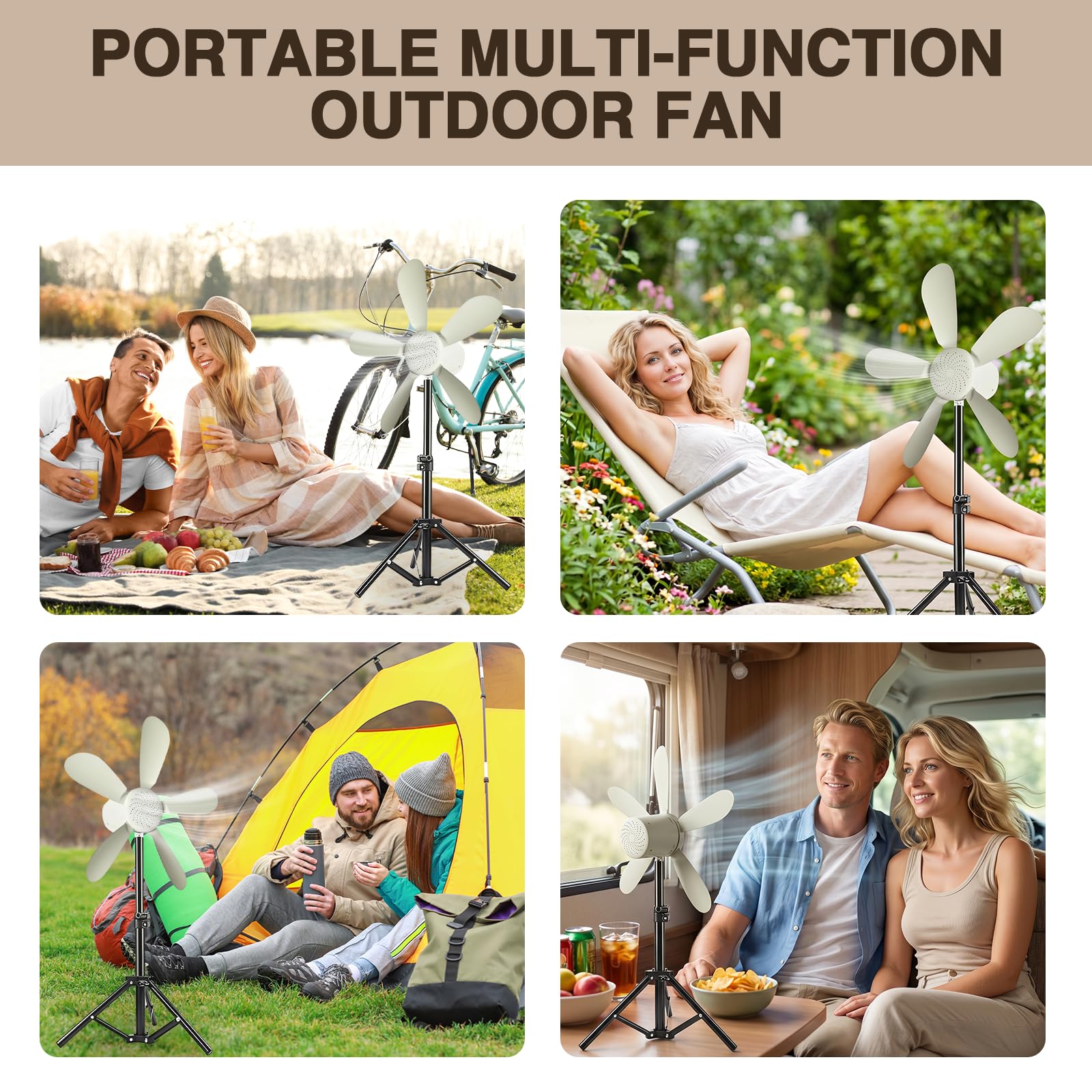 Deckenventilator Akku mit Beleuchtung Camping, 10800mAh Innen und Außen Camping Ventilator Akku mit Halterung Aufhänger, Mobiler Ventilator Akku für Outdoor Außenbereich, Pavillon Terrasse (white)