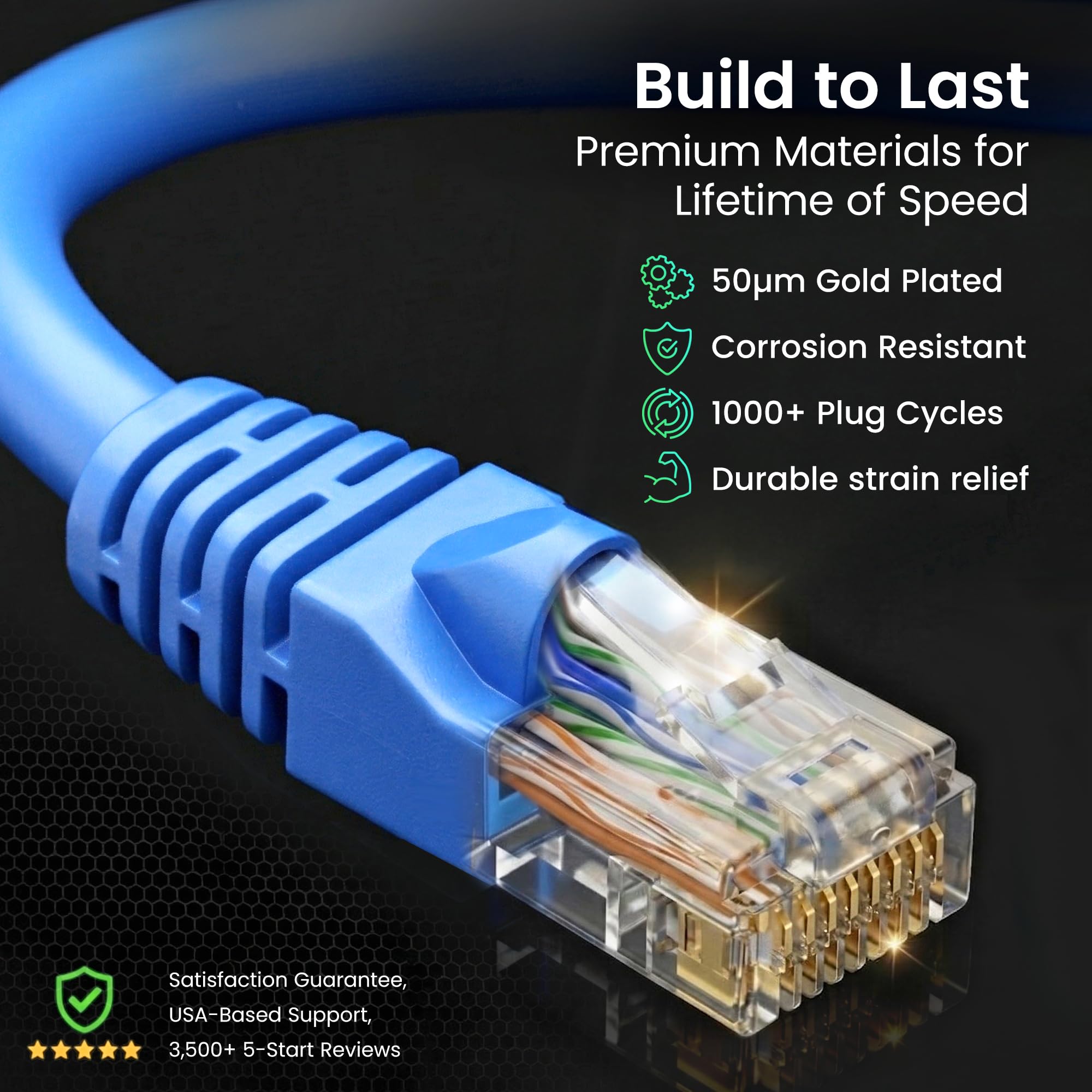 GEARit Cat 6 Ethernet Cable (10-Pack 3 Feet) Cat6 Network Patch, 10Gbps, RJ45, Snagless Cord, Gold-Plated Connectors, Internet for PC, TV, Tablet, Router, Printer, Servers, IT Data Center - Blue — view 8