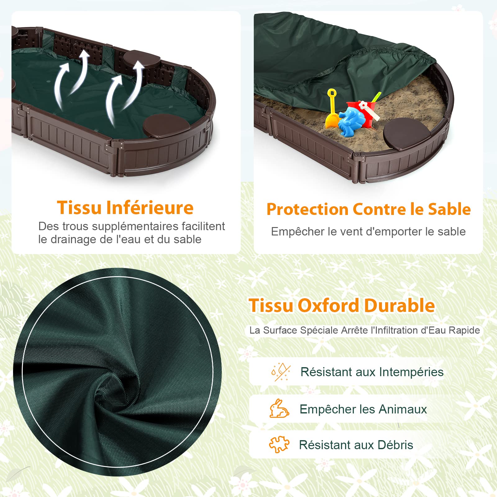 DREAMADE Bac à Sable pour Enfants avec Couverture, Bâche de Sol et Sièges - pour Le Jardin Outdoor (Ovale)