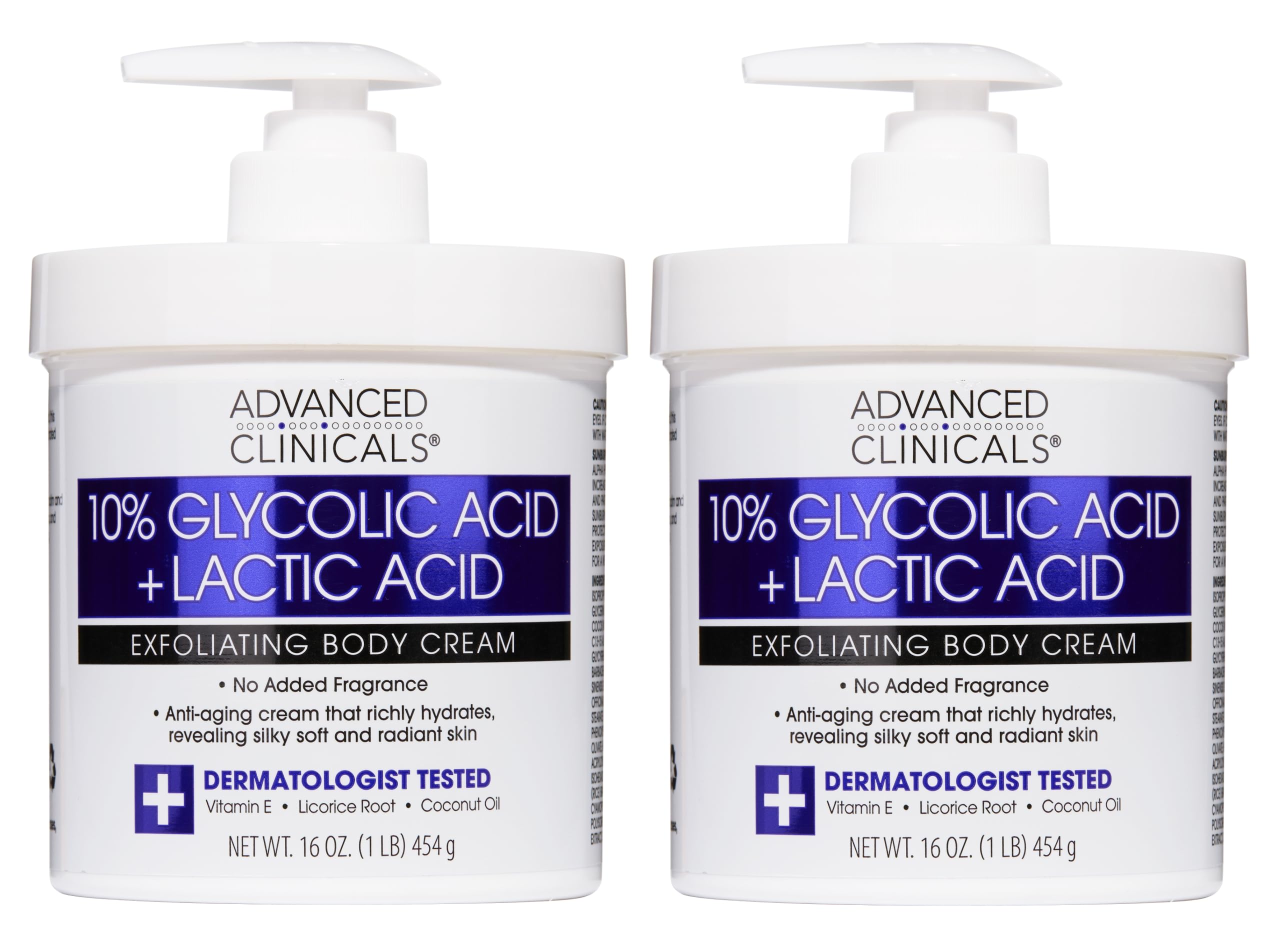 Advanced Clinicals 10% Glycolic Acid + Lactic Acid Lotion Exfoliant Moisturizing Cream With Hyaluronic Acid Moisturizer | AHA Exfoliating Body Cream Improves Look Of Uneven Rough Skin Texture, 2-Pack