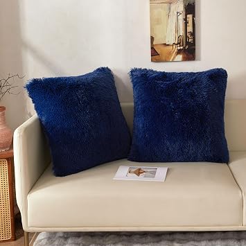 XeGe 26x26 Fluffy Faux Fur Euro Throw Pillow Covers with Zipper, Navy Blue