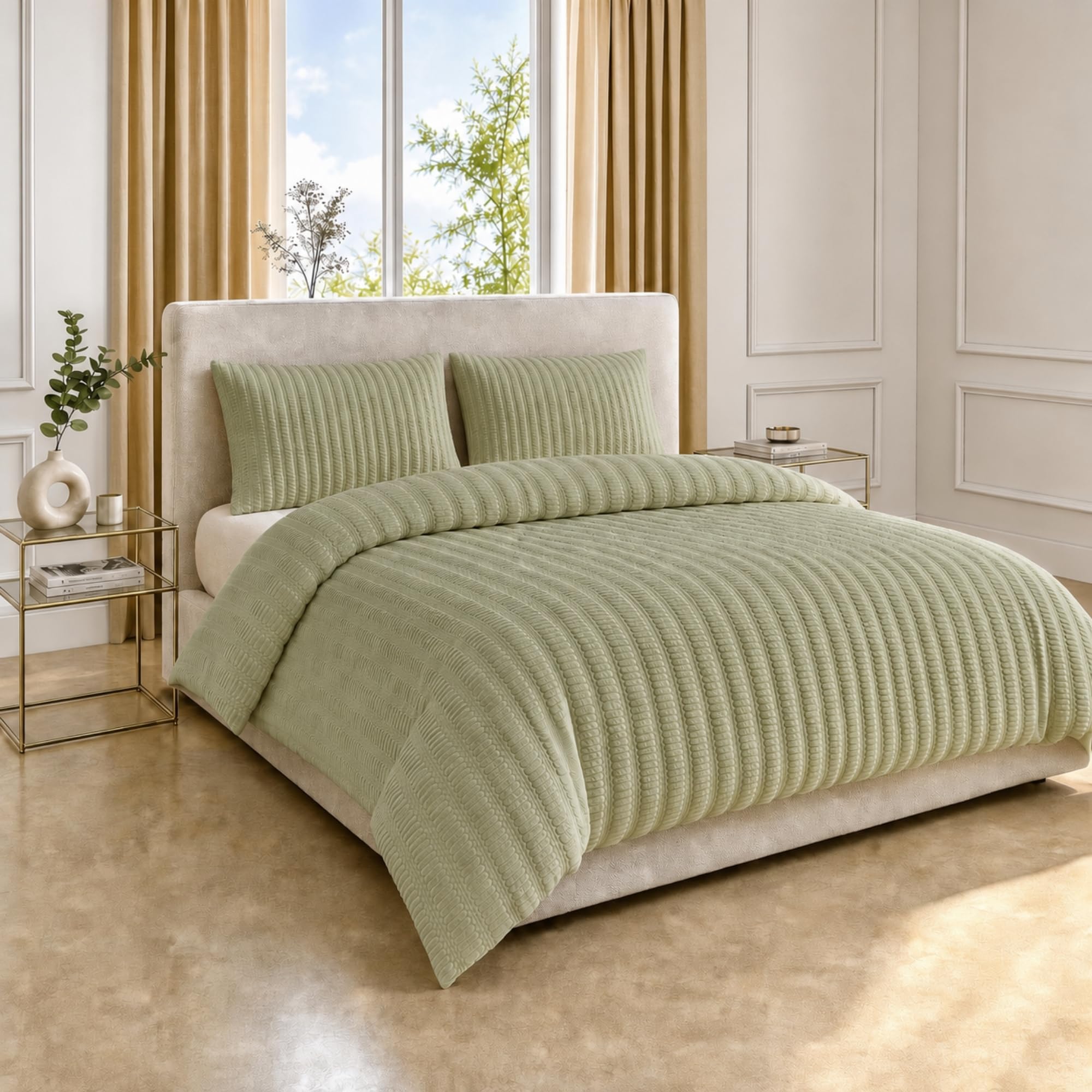 Z&A Homz Z&A Seersucker Sage Green Duvet Cover - Double Comfy Bedding Set with Pillow Cases, Soft Brushed Microfibre Quilt Cover - Textured Design, Wrinkle Resistant & Breathable Fabric
