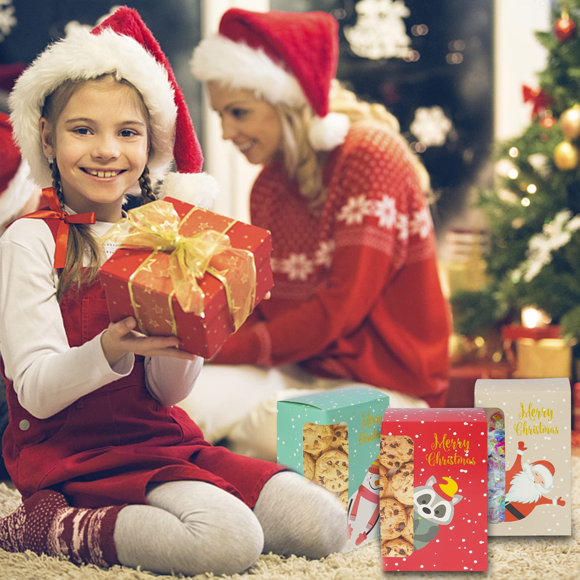 Uptotop Cajas de galletas de Navidad, 24 cajas pequeñas de fiesta de Navidad con 6 diseños y colores diferentes, cajas de pastelería de Navidad para pasteles, cupcakes, brownies, donas, 4 x 2.7 x 6.3
