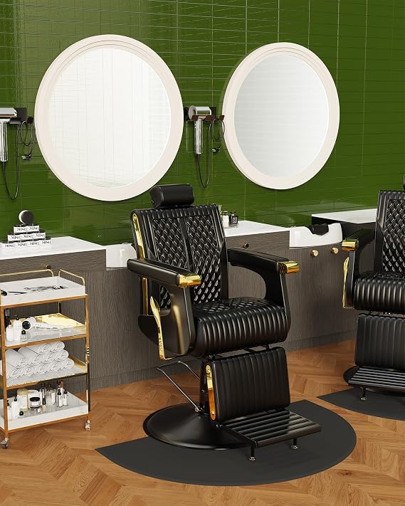 Baasha All Black Reclining Barber Chair, 440 lb Hydraulic Barber Chair with 22.83 Stable Base, 90165 Locking Backrest, Adjustable & Removable Headrest, Stainless Steel Frame, Wide Thick Cushion