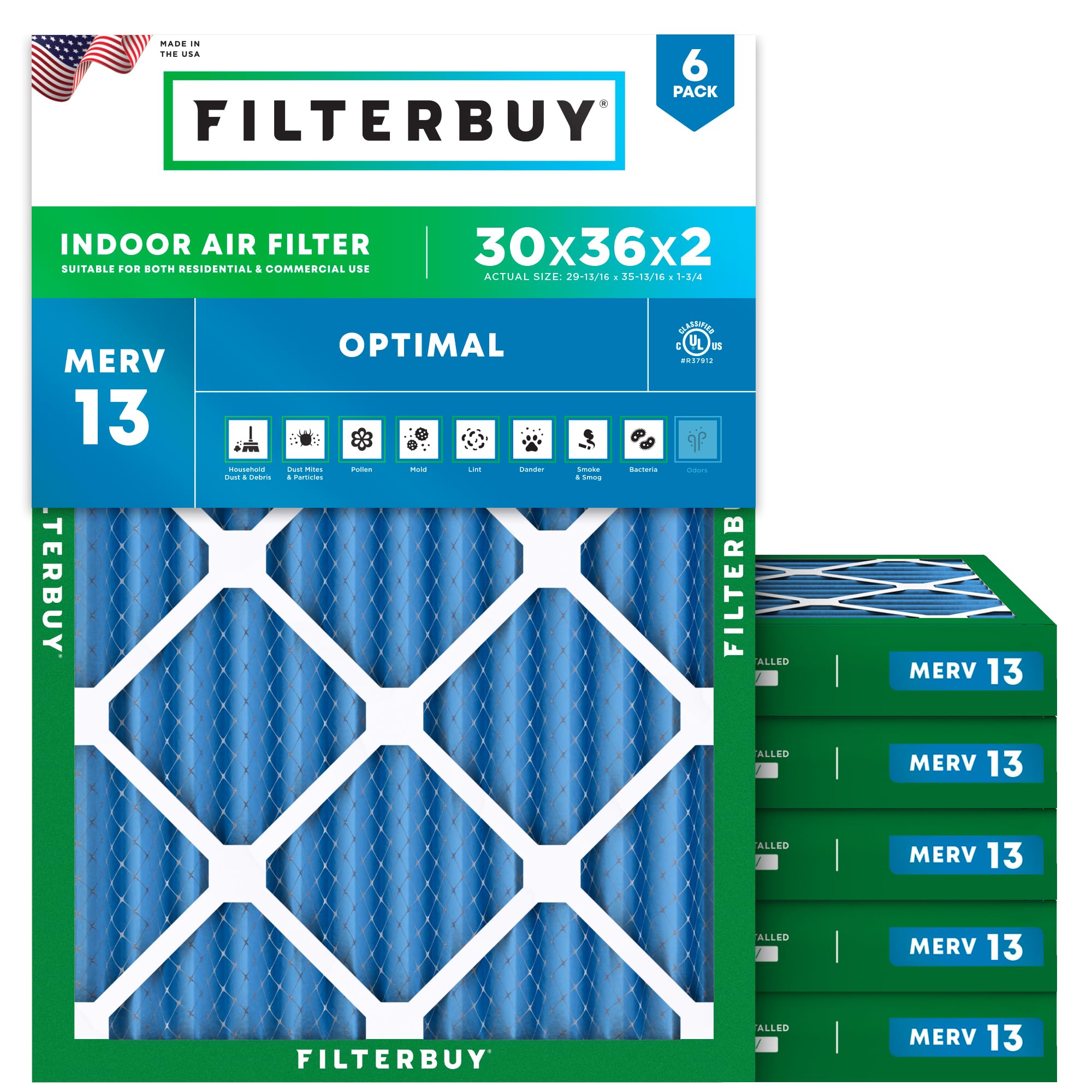Filterbuy 30x36x2 Air Filter MERV 13 Optimal Smoke & Allergy Defense (6-Pack), Electrostatic Pleated HVAC AC Furnace Filters Replacement (Actual Size: