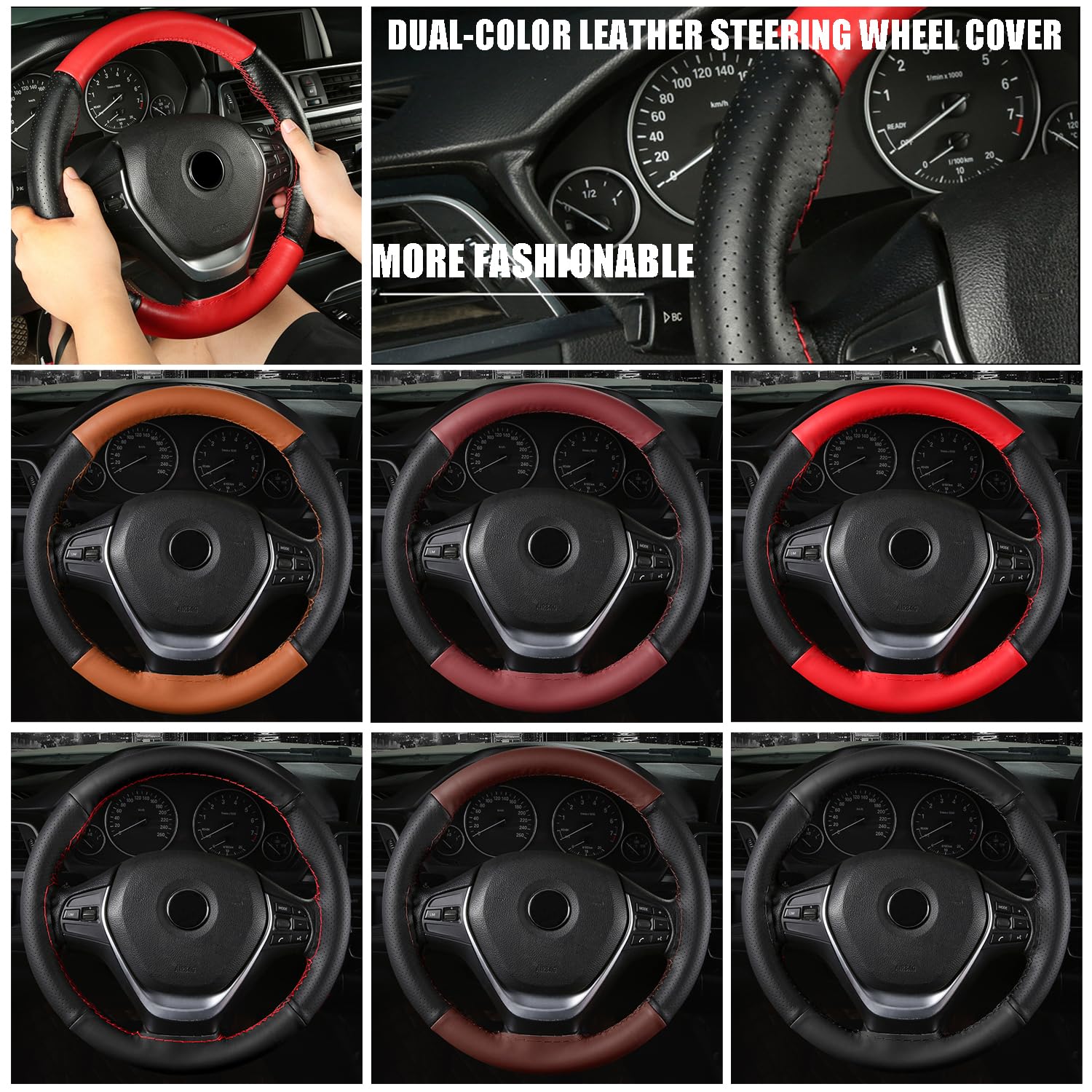Echtes Leder Lenkradbezug, Lenkradbezug Zum Nähen, Lenkradbezug Leder Universal Passform 37-39 cm Autolenkräder, Zweifarbiger Lenkradbezug aus Leder (Rote Linie, Schwarz)