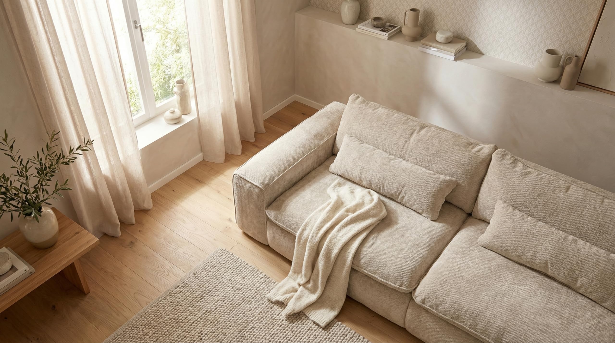 Big Sofa 300 cm breit, Modell Vince, Tiefe Sitzfläche, pflegeleichter Stoffbezug, Nosagfederung, Rücken echt bezogen, mittlere Sitzhärte, inkl. 2 Rückenkissen, 2 Nierenkissen, Beige