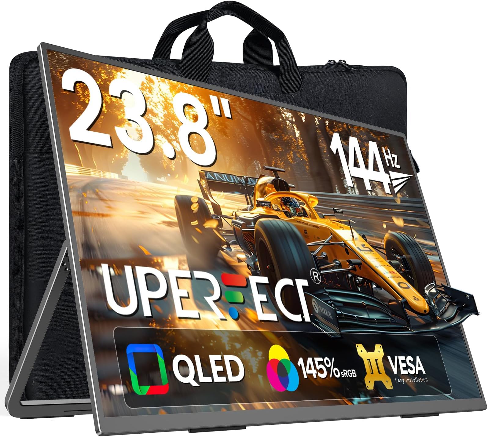 UPERFECT QLED 24" 144Hz Portable Monitor 1080P 145% sRGB 450Nits w/Stand & VESA, HDMI USB-C FHD Travel Monitor for Laptop/Gaming Devices/Phone/Mini PC, External Second Screen for Gaming & Work