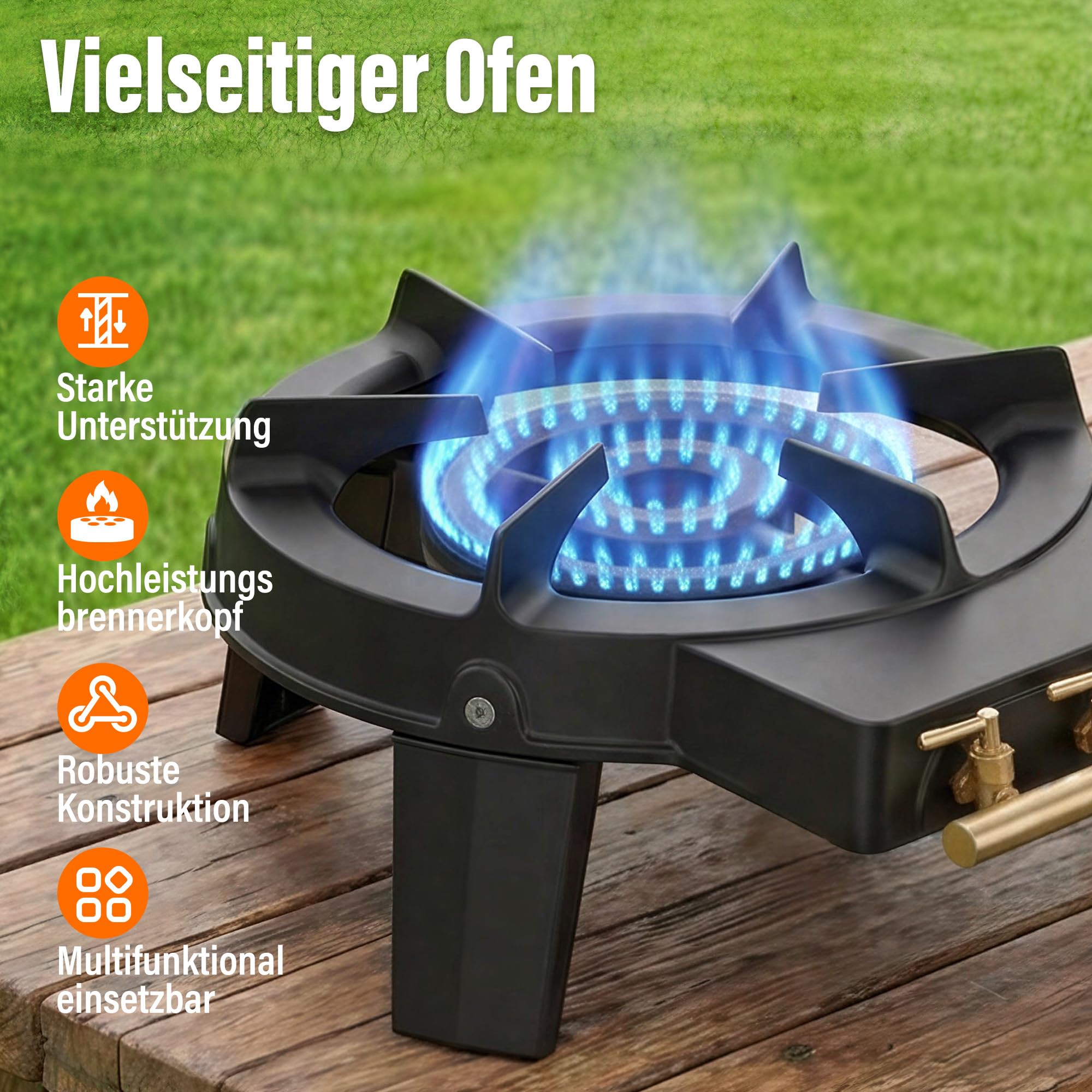 Veralune 9 kW Wokbrenner – Gusseisen Gaskocher mit 3 Füßen, 3 Wasserhähnen & Schlauch mit Druckminderer, leistungsstark für Outdoor, Garten, Camping & BBQ