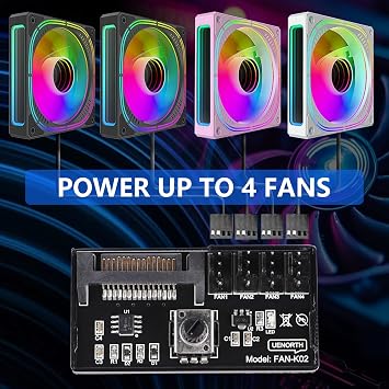 4-Pin PWM Fan Controller Hub - 12V PC Chassis Fan Speed Knob Adapter with SATA Power, 60W Output & 3M Tape for 4 Fans (Case Fan Hub/PWM Cooling Controller)