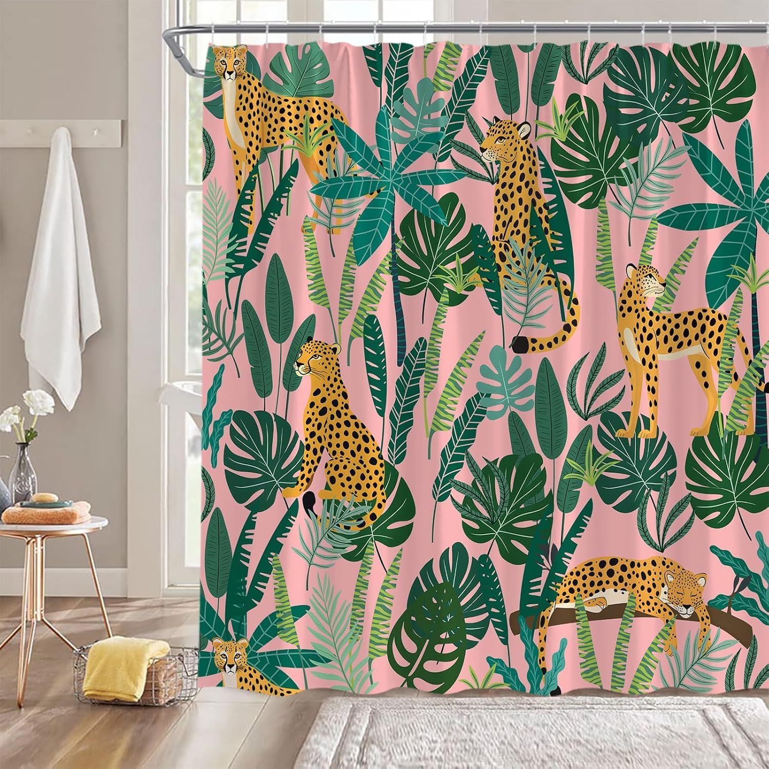 Sunhe Leopard Shower Curtain Asian Wildlife Animal Leopard Cheetah Tiger Green Topical Palm Leaf Topical Watercolor Modern 70" Wx96 H Bathroom Decor Curtain with Hooks