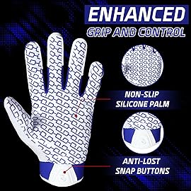 HANDLANDY Youth Football Gloves, Sticky Wide Receiver Gloves for Kids, White and Gold Stretch Fit Football Glove (White and Blue, Large)