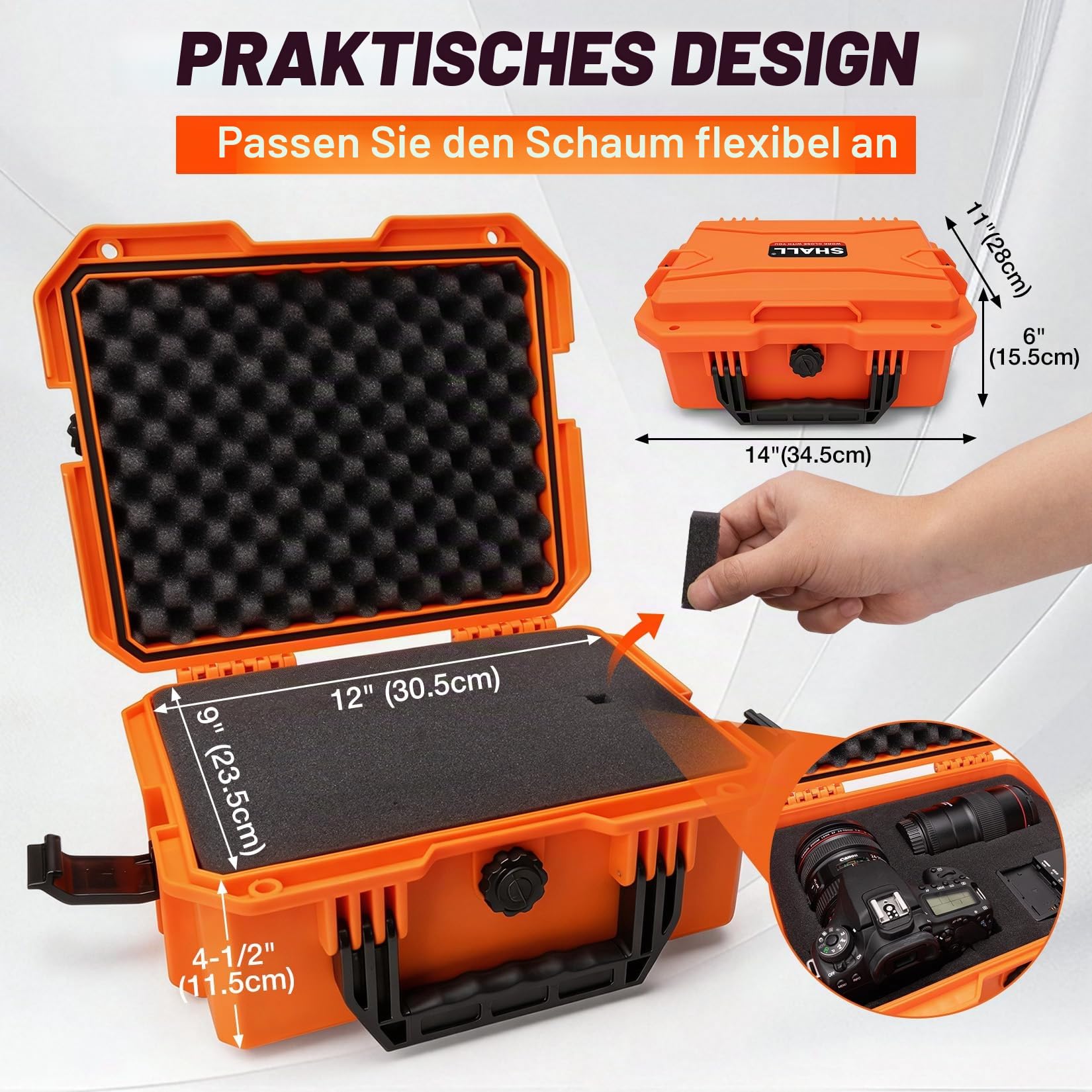 Shall Universal Kamera Koffer L, wasserdicht Staubdicht Schockfest, mit Schaum-Einlagen, für Kamera, Objektiv, Elektronik, Messgeräte, fotokoffer, kamerakoffer, Orange, 35×29×15 cm