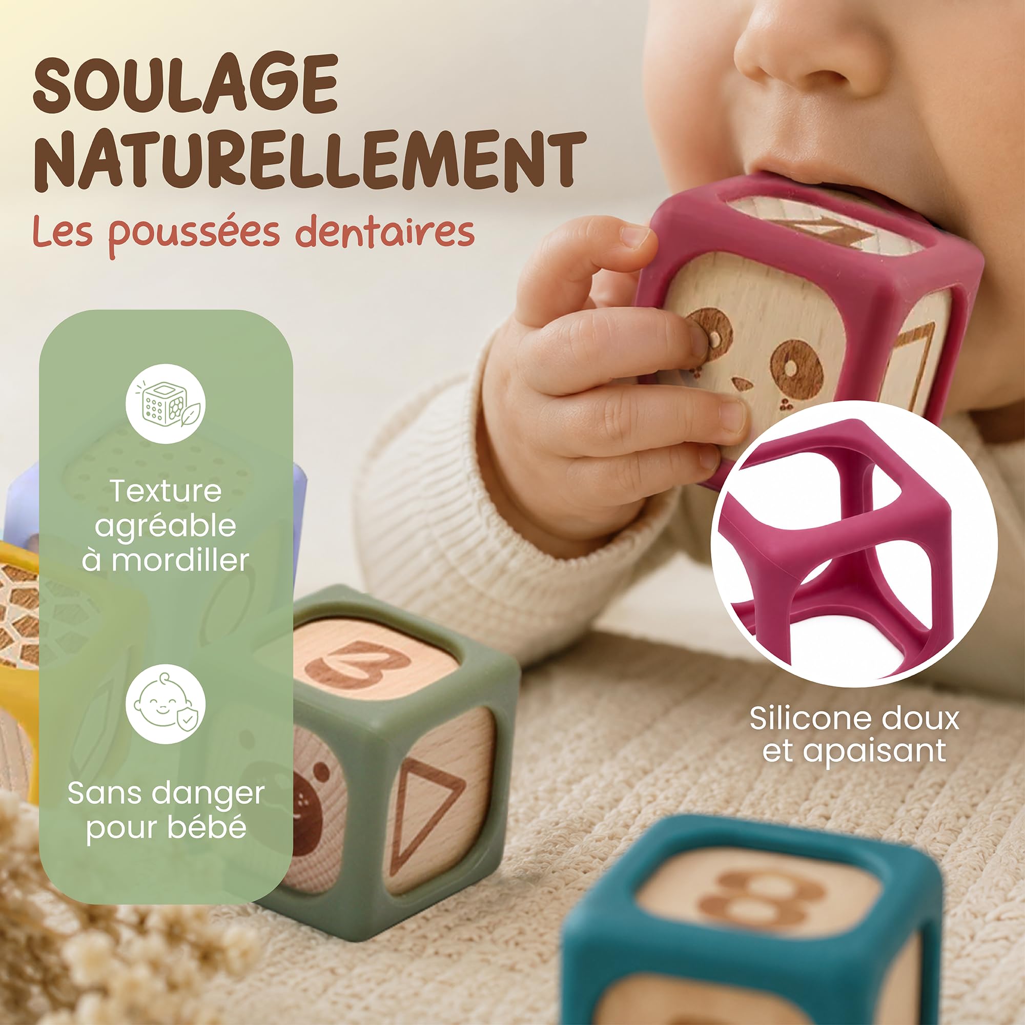 Cubes Empilables Bébé Montessori 6-24 Mois – Jouet Sensoriel Bois & Silicone sans BPA – Motricité Fine & Dentition – Cadeau Naissance – 9 Pièces