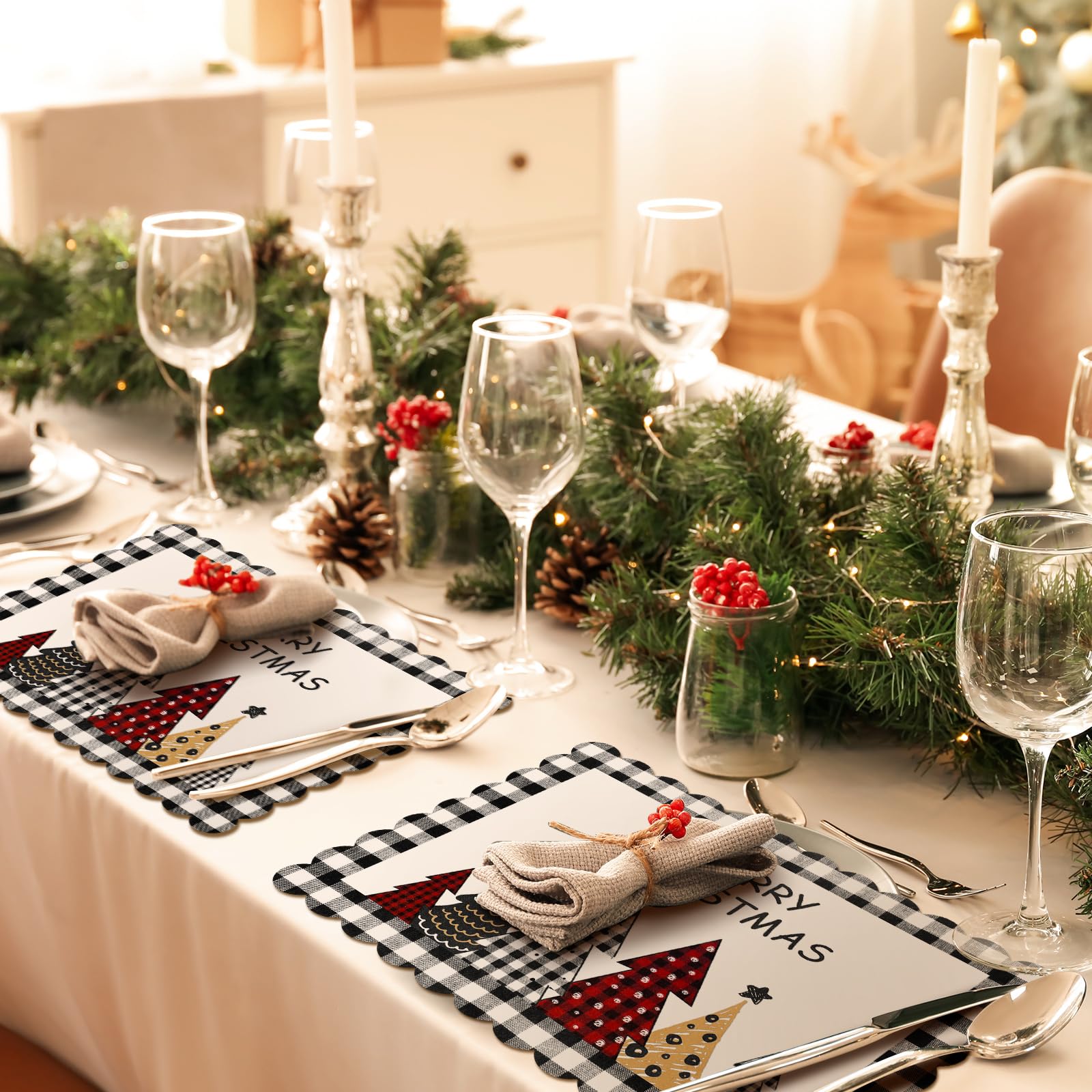 Lallisa 100 manteles individuales de papel de búfalo a cuadros con diseño de árbol de Navidad, color negro y blanco, festoneados, desechables, manteles individuales para mesa de cocina, decoración de