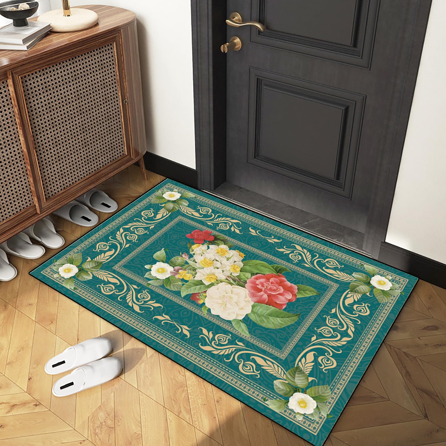 Teppich Läufer Flur Teppichläufer Küchenläufer Küche Teppiche rutschfest Waschbar Bettvorleger für Flur Waschküche, 100x450cm Weiße rote Blumen