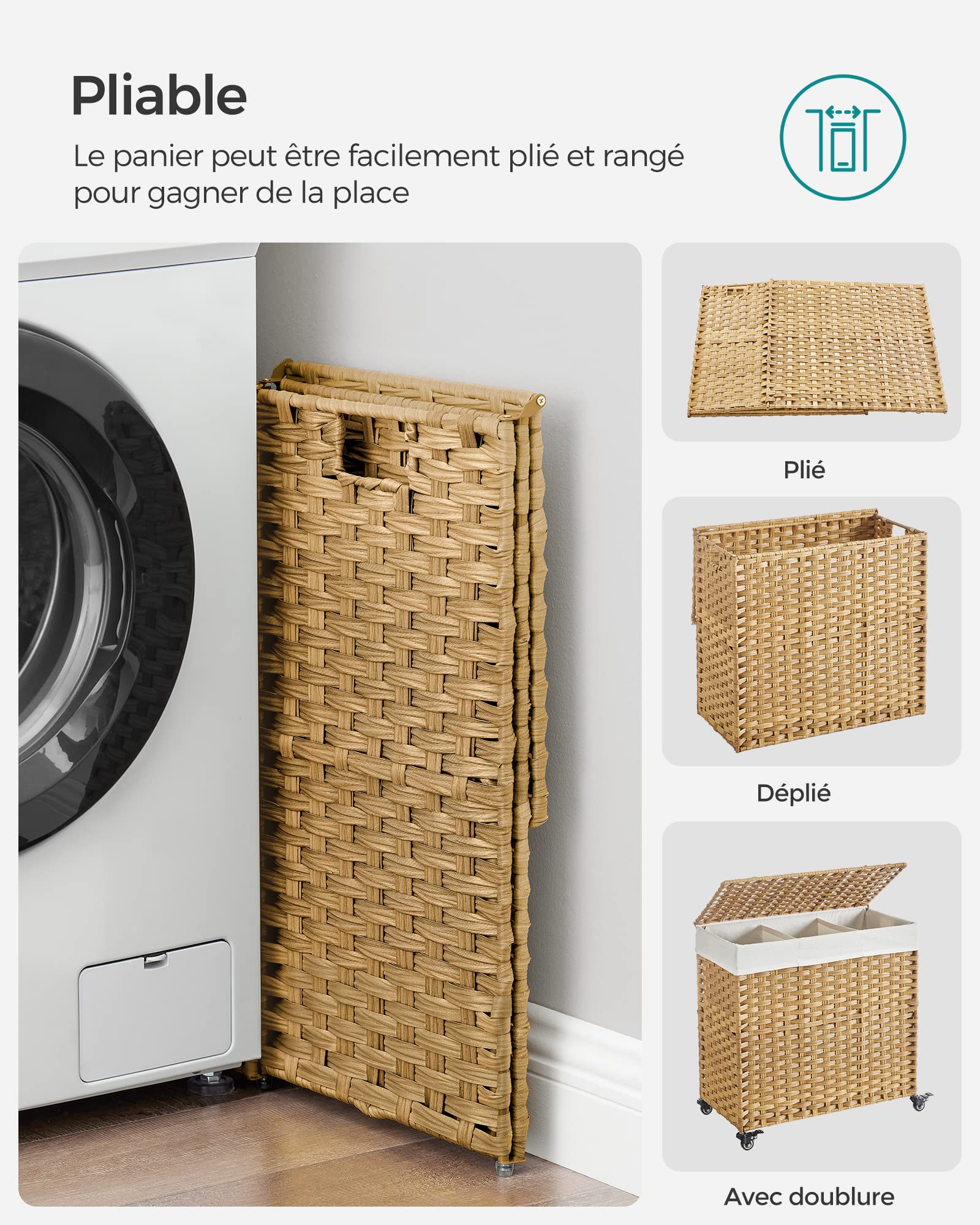 SONGMICS Panier à Linge avec Couvercle, 140L, Corbeille Linge Sale Tressé, avec roulettes, 3 Compartiments, Sac Intérieur Amovible, pour Buanderie, Chambre, 66 x 33 x 66 cm, Couleur Boisée LCB363N01