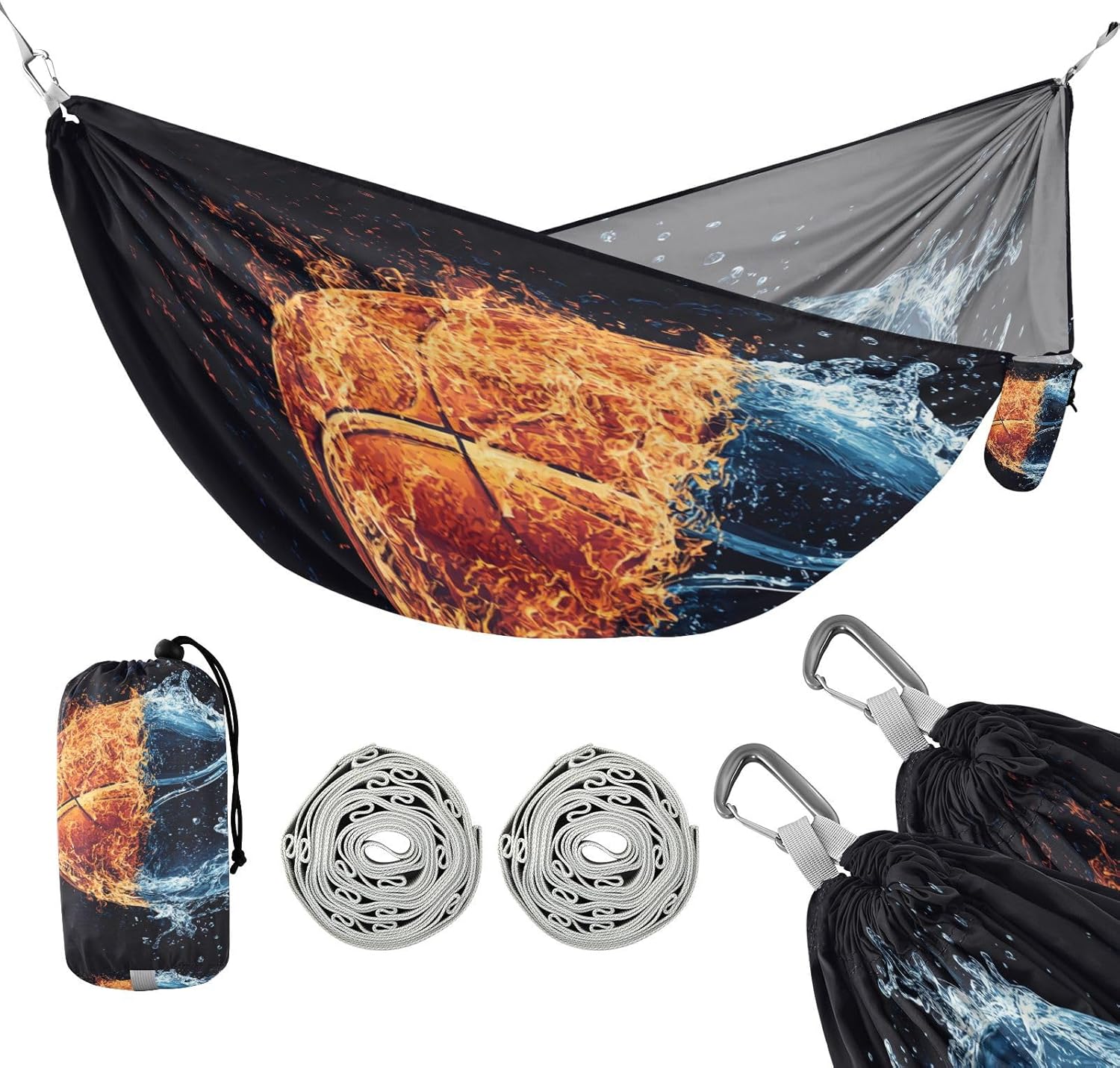 ALAZA Basketball Water and Fire Camping Hammocks Single or 2 Person 500 lbs Portable Parachute Travel Hammock w/Tree Straps for Hiking Backpacking Indoor Outdoor