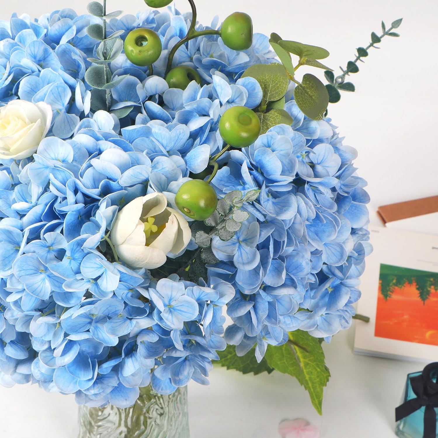 Kmise Hydrangea Artificial Flowers, 22” Real Touch Lifelike Latex Hydrangeas, Large Faux Hydrangea for Home Decor Wedding Bouquets, Lightblue, 5pcs