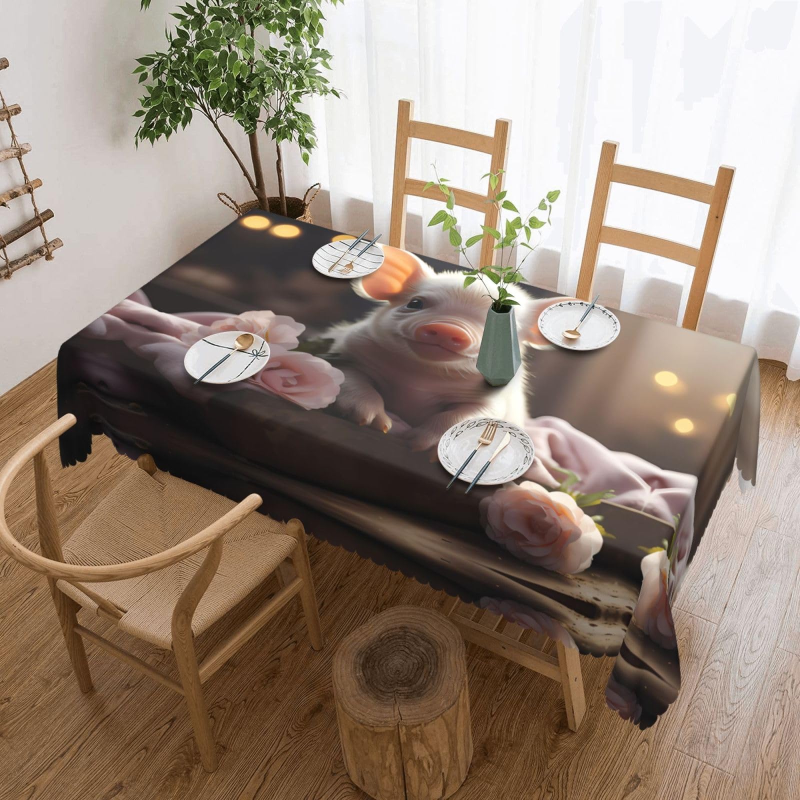 QAZWZML Cute young pig Printed tablecloth, made of thick polyester with lace trim, suitable for dining rooms, picnics, and weddings