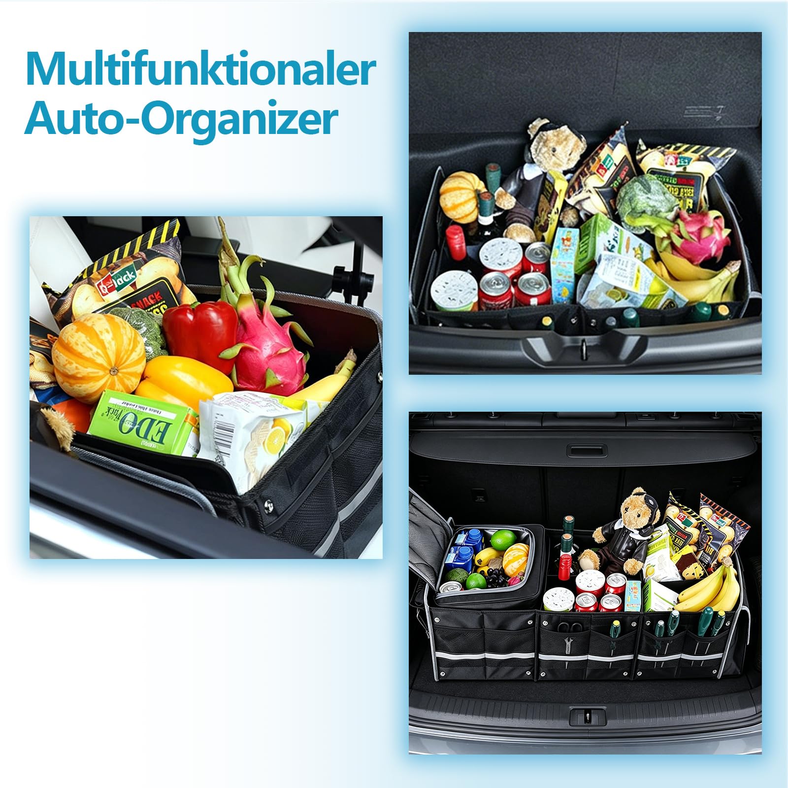 Organizer per bagagliaio extra grande da 94,5 l, con borsa termica da 18 l, pieghevole, con 5 scomparti, coperchio pieghevole e spallacci regolabili