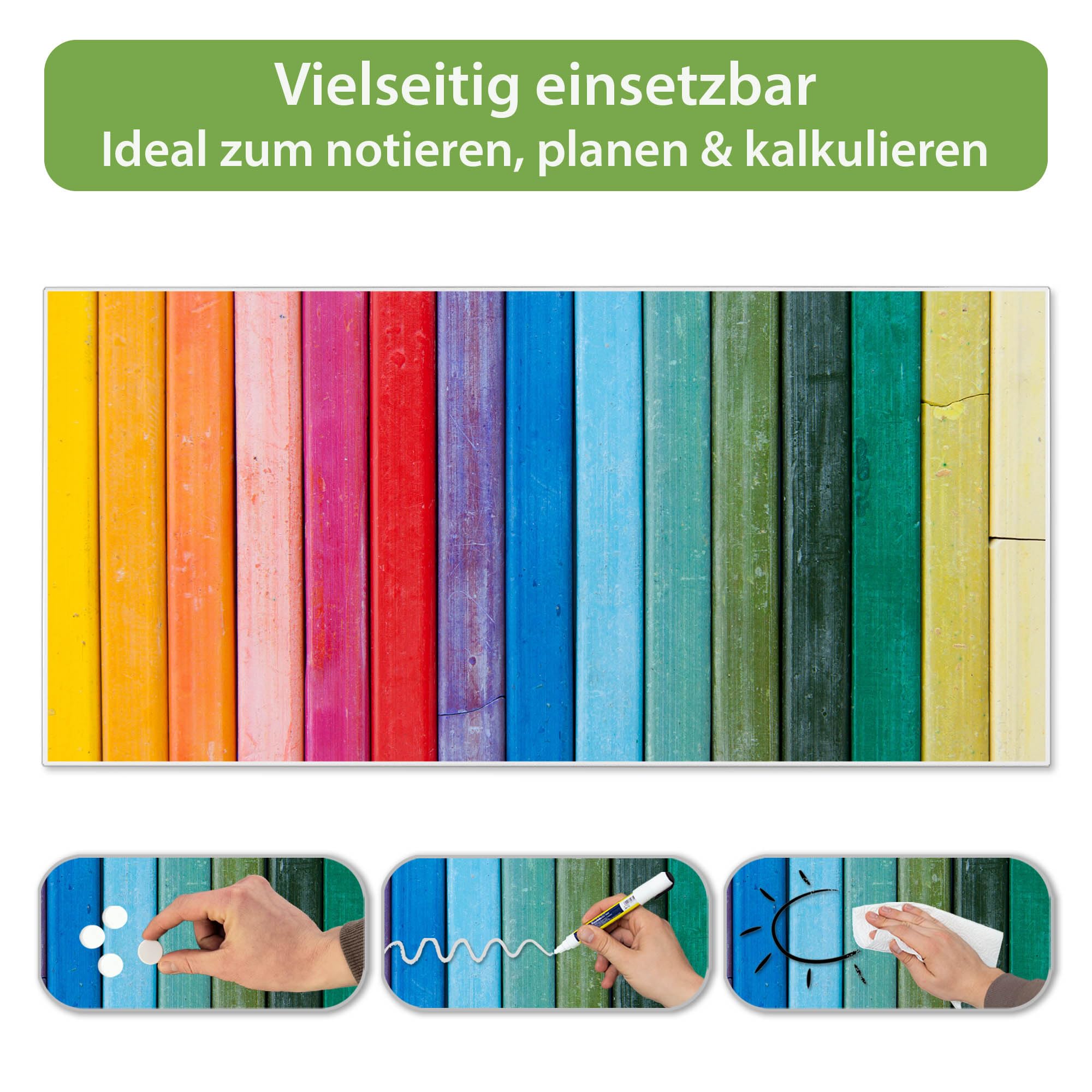 banjado Magnettafel Metall 78 x 37cm - beschreibbare Magnettafel - Metall Pinnwand als Memoboard - Magnetwand Küche, Büro, Kinderzimmer Weiß inkl. 4 Magnete & Montageset - Motiv Regenbogenfarben