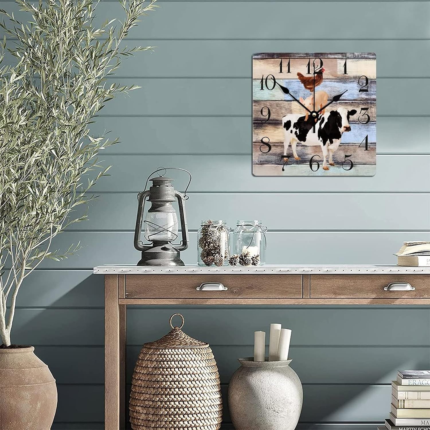 Wood Wall Clock Farm Animal Cow Pig and Chicken 15 Inch Retro Square Wooden Wall Clock Silent Accurate Retro Wood Clock for Farmhouse Dining Room Wall Hanging Home Accent Decor