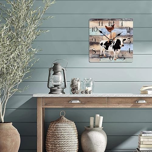 Miniatura 6 de Reloj de pared de madera con animales de granja, vaca, cerdo y pollo, reloj de pared cuadrado duradero, estilo estético, estilo estético, reloj de