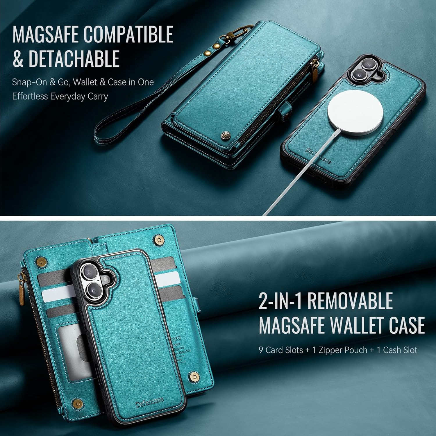 Defencase for iPhone 16 Magnetic Wallet Case Compatible with Magsafe with RFID Blocking Zipper Pocket & Card Holder for Women Men PU Leather Strap Detachable Case for iPhone 16 (6.1 inch), Blue Green - Image 9