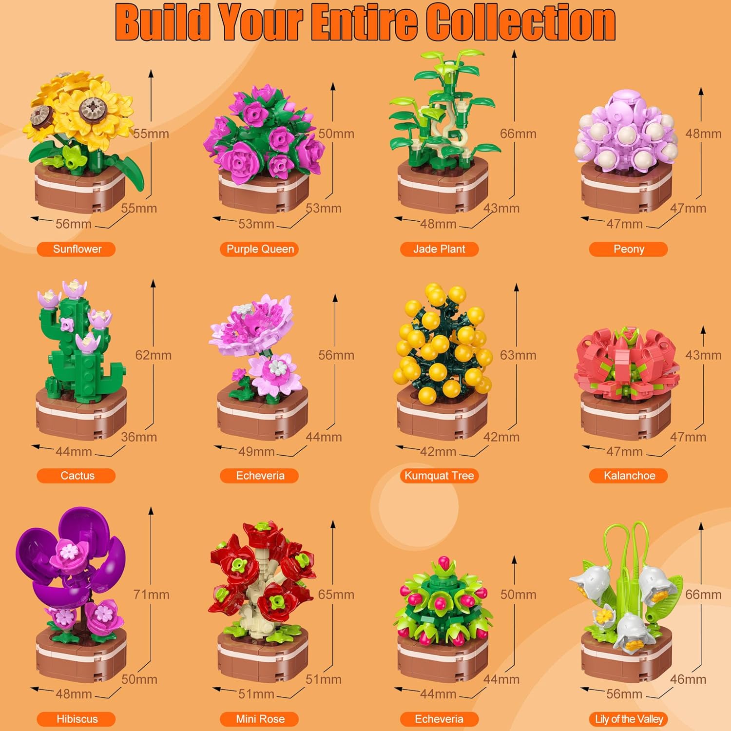 zinat 12 Pack Flower Succulent Building Blocks Set, 1001 PCS Botanical Plant Collection, DIY Potted Plants Model for Home Office Decor, Creative Gift for Adults & Kids Age 6+