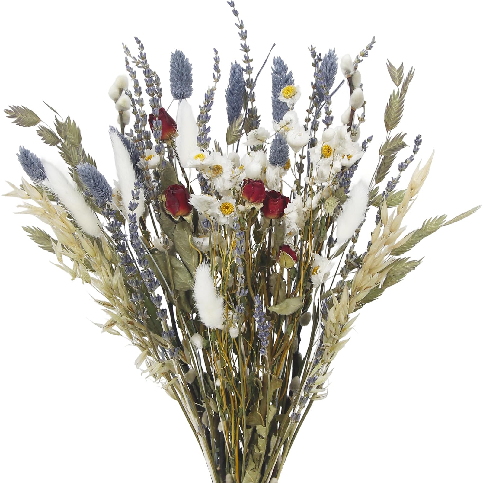 CEWUDA Natural Dried Flower Bouquet Dried Rose Lavender Straw Daisy Flowers White Bunny Tails Pussy Willow Floral Stems Arrangements for Vase Wedding Table Centerpiece Farmhouse Home Decor 17 Inch