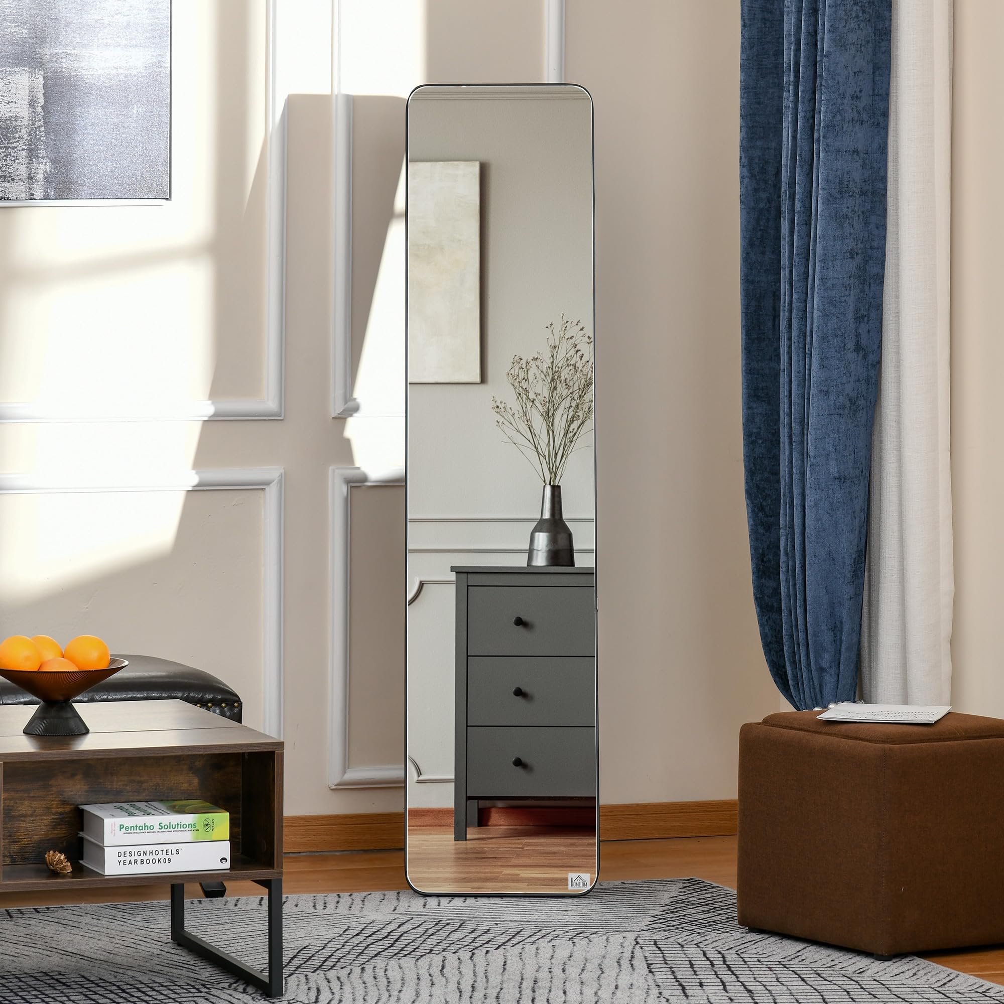 HOMCOM Espejo de Pie Cuerpo Entero Rectangular Espejo Pared con 2 Formas de Uso Marco de Madera de Pino Moderno para Pasillo Dormitorio Sala de Estar 37x43x156 cm Negro