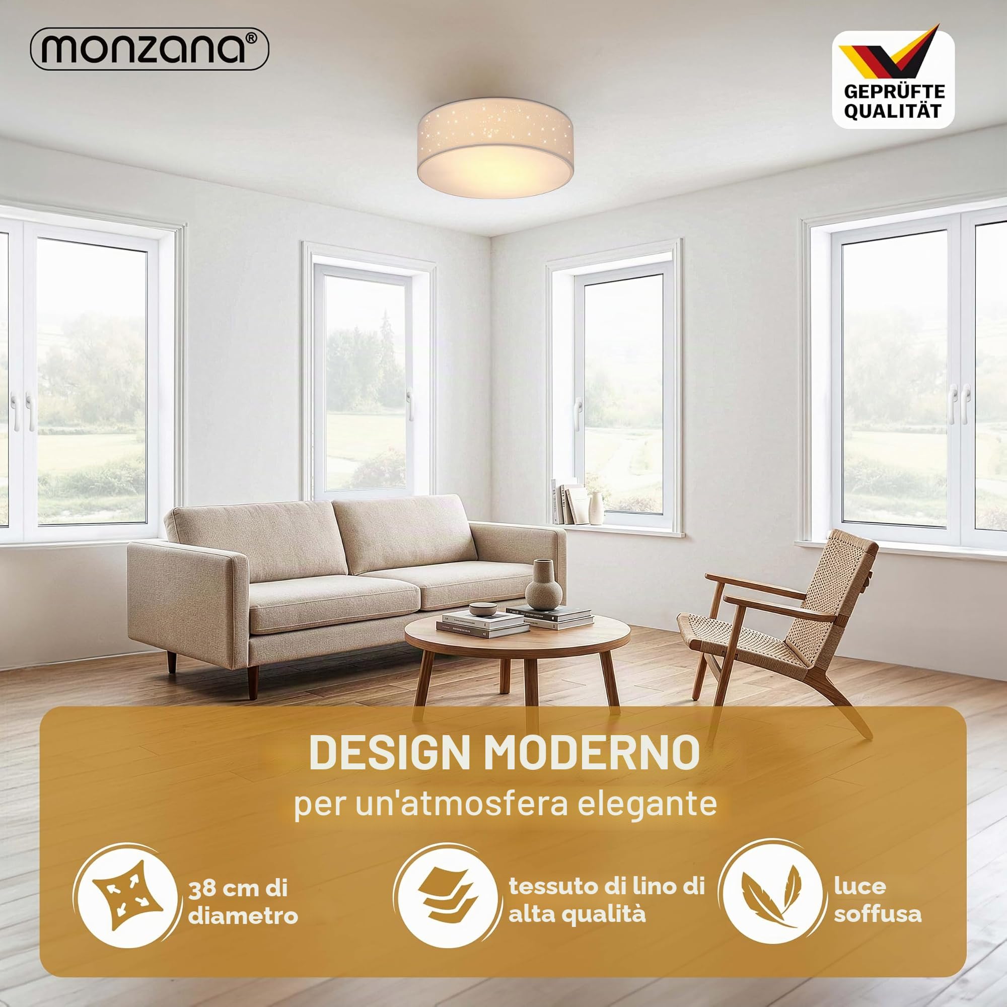 Monzana Lampada da Soffitto Plafoniera Tessuto Ø 38cm Rotonda Luce Soffusa 40 Watt Salotto Camera