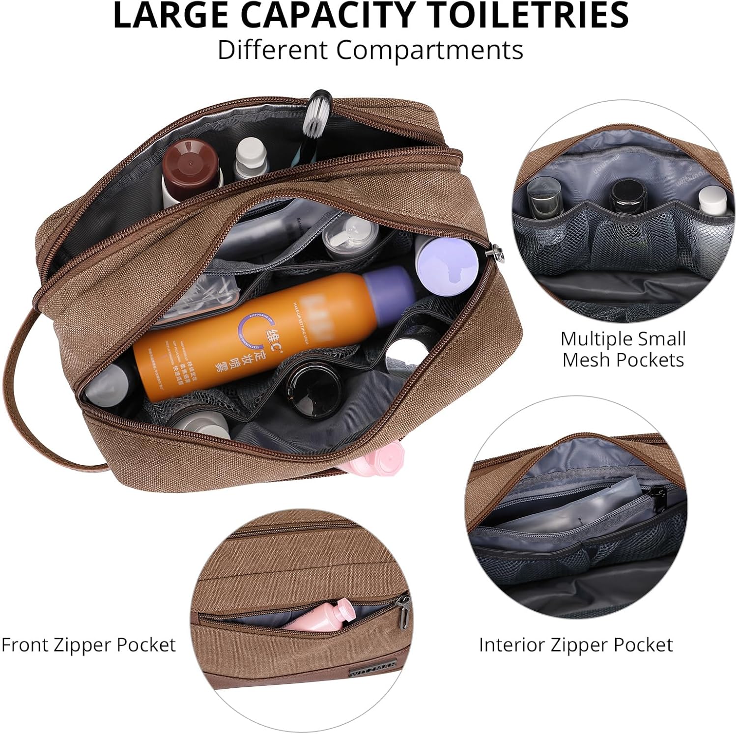 WITZMAN Canvas Toiletry Bag for Men Hanging Dopp Kit Organizer Water-resistant Travel Toiletries bag Men Bathroom Bag with Wet Pocket(A8001 Brown)