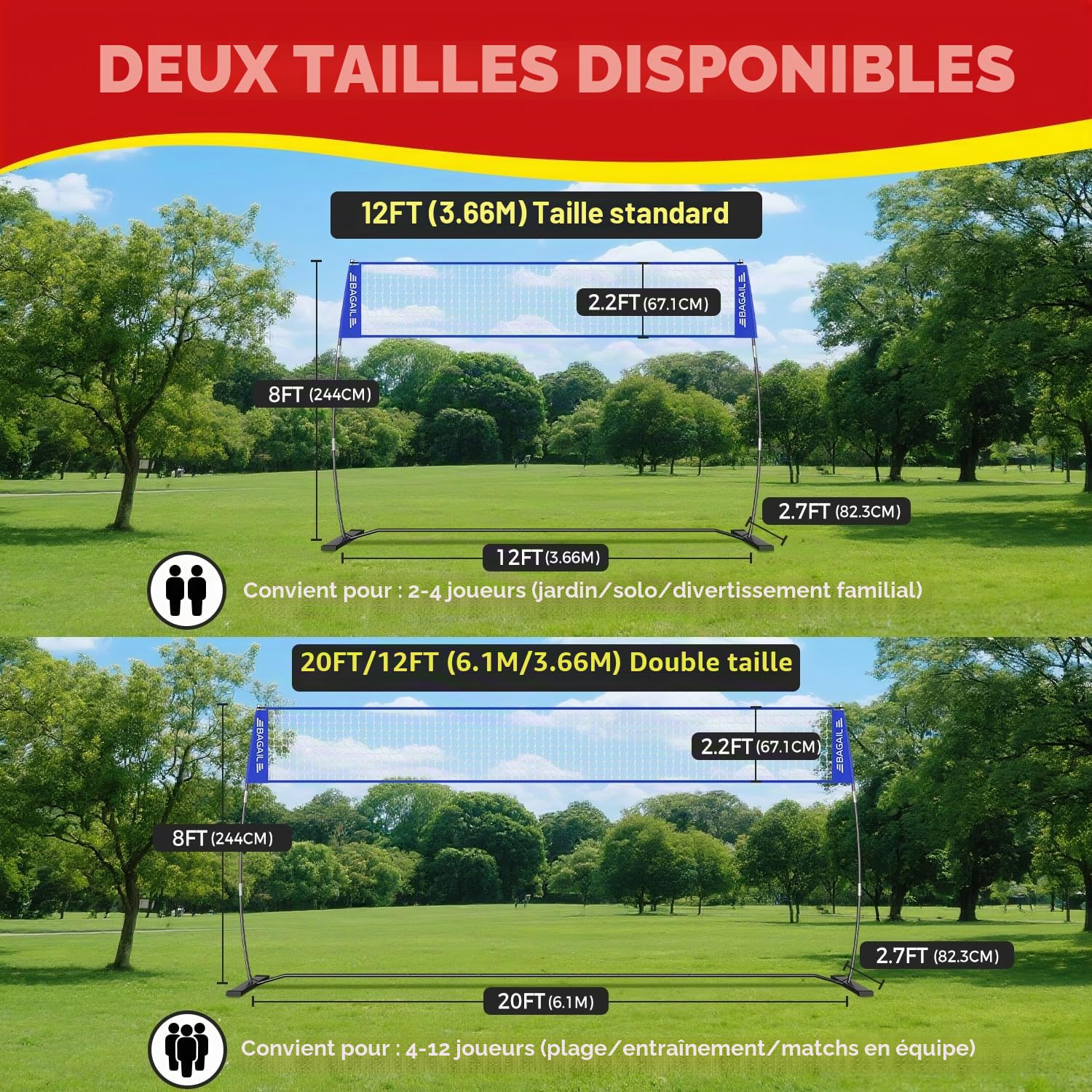 BAGAIL Filet de Volley-Ball, Portable pour Le Jardin | Hauteur Réglable, Cadre Robuste, Conception Autoportante - Set de Volley-ball, avec Sac de Transpor