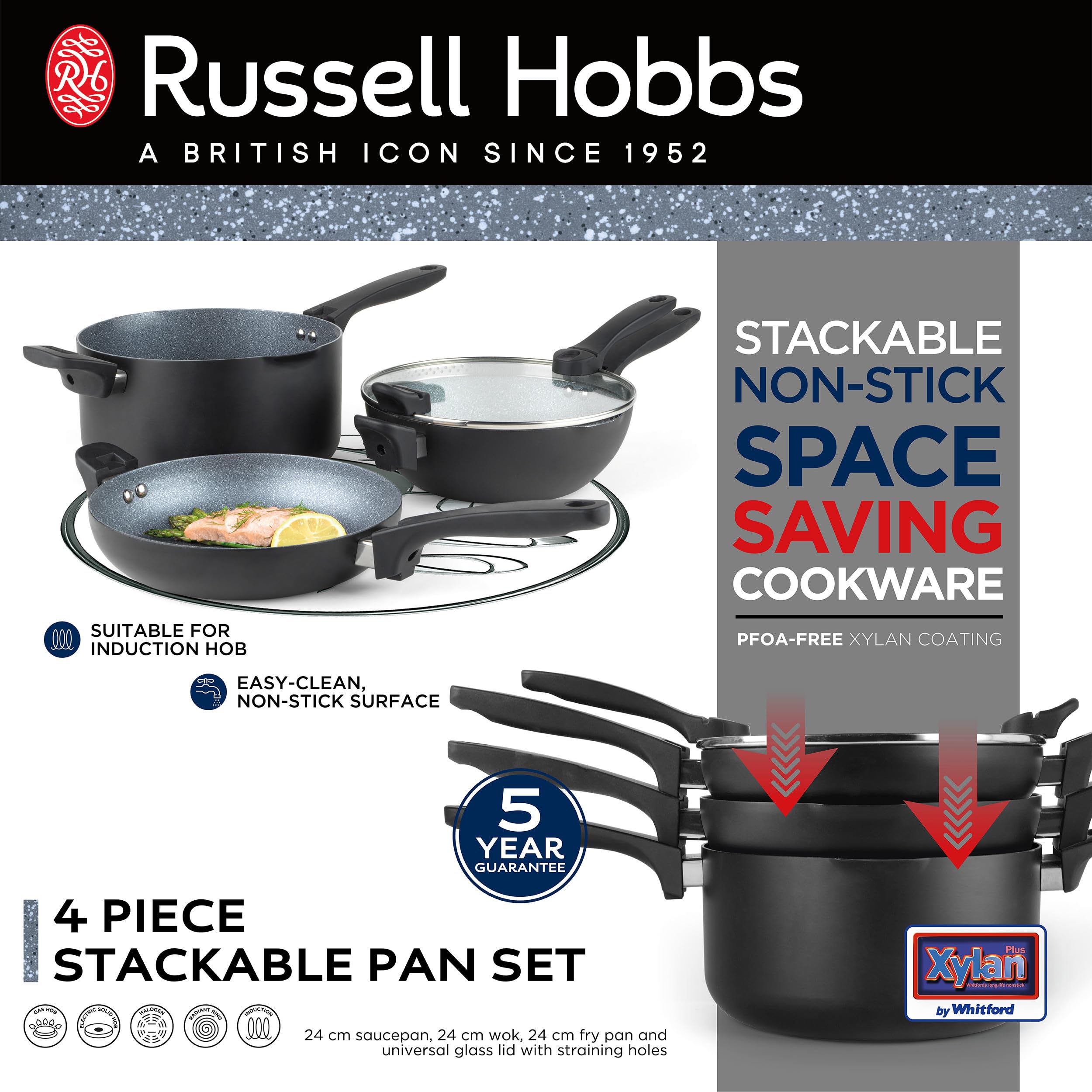 Russell Hobbs RH01840 stapelbares 4-teiliges Pfannenset, antihaft 24cm-Kochtopf, Wok, Bratpfanne und universeller Glasdeckel, PFOA-frei, Batch Cooking, platzsparend, Ausgießlippe, Induktion