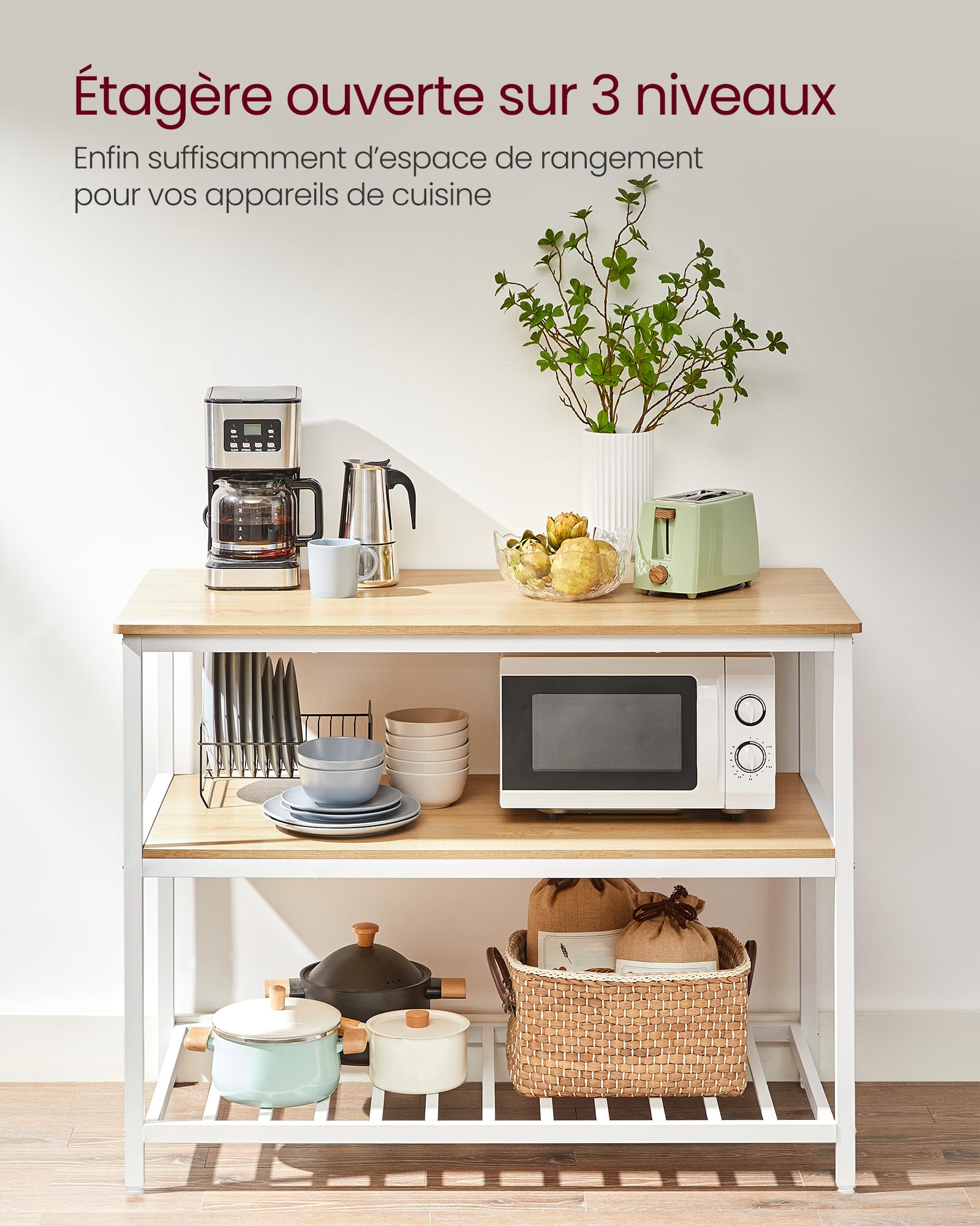 VASAGLE Îlot de Cuisine avec Grand Plan de Travail, Étagère de Cuisine à 3 Niveaux, Cadre en Acier, 60 x 120 x 90 cm, Style Moderne, Montage Facile, Couleur Chêne et Blanc KKI001W09