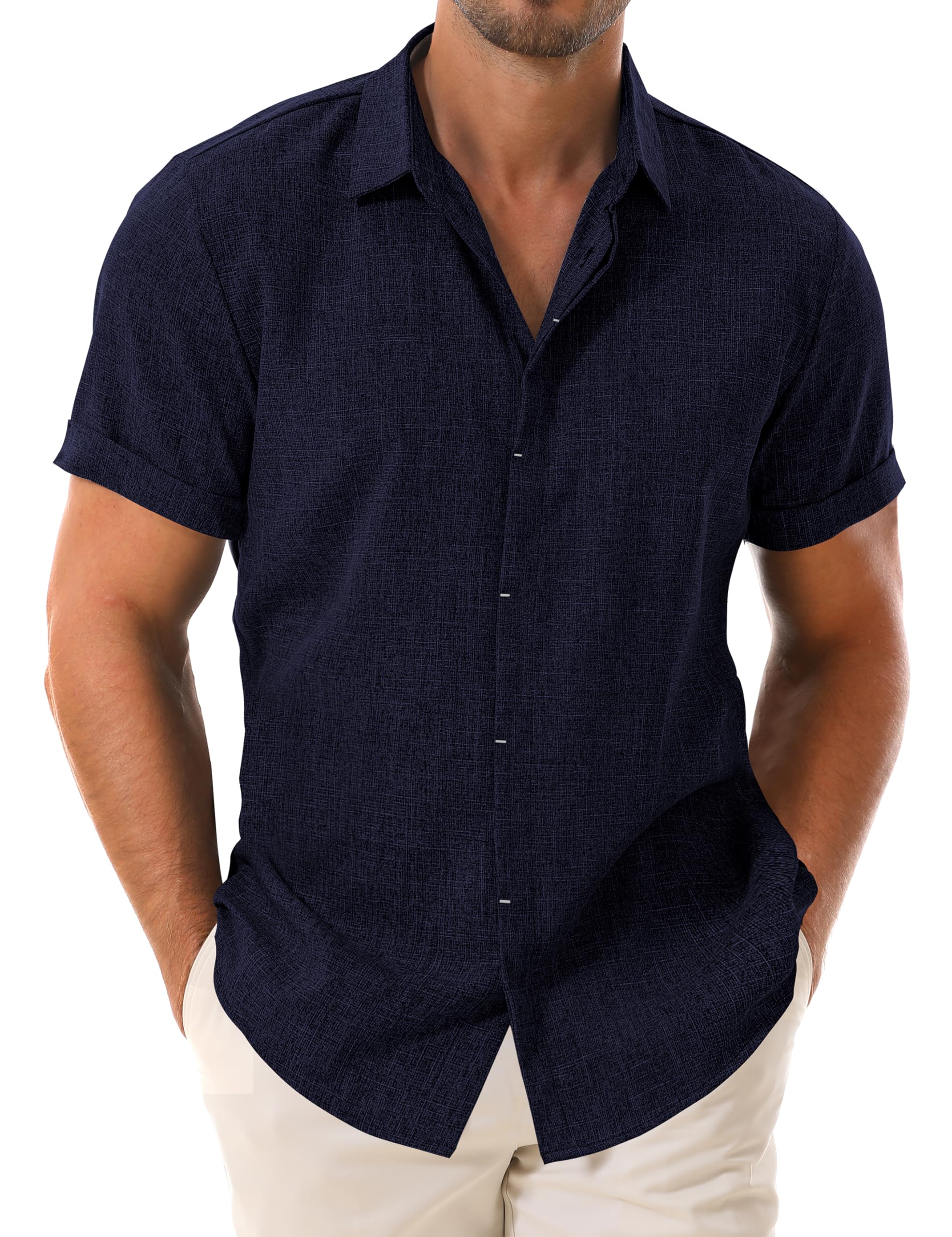 Drazivon Men's Linen Shirts Short Sleeve Button Down Shirts for Men Casual Beach Summer Wedding Tops